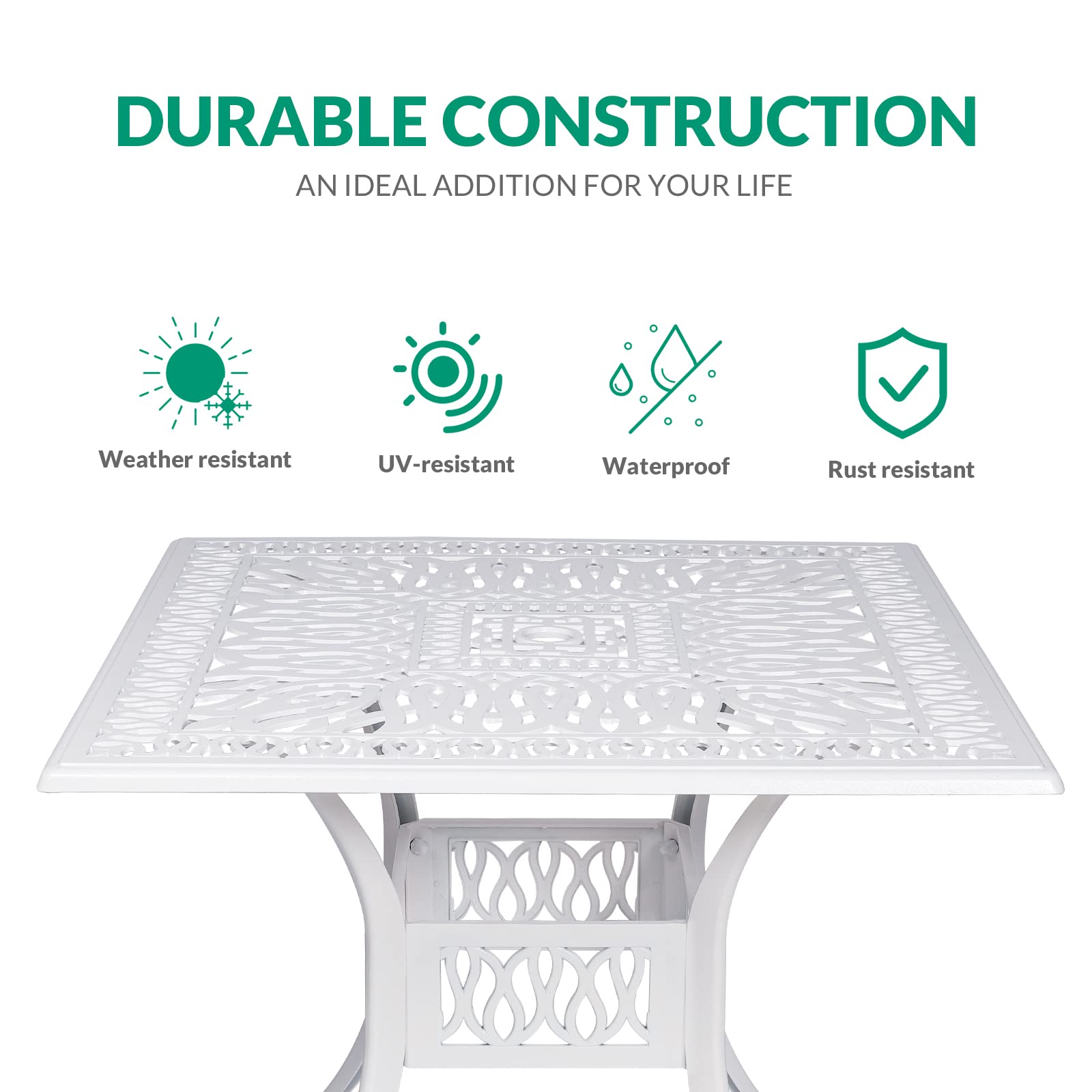 VIVIJASON 35.4 Inch Square Outdoor Patio Dining Table - White Rustic Cast Aluminum Furniture with Umbrella Hole - Perfect for Backyard, Garden, Poolside & Outdoor Entertaining