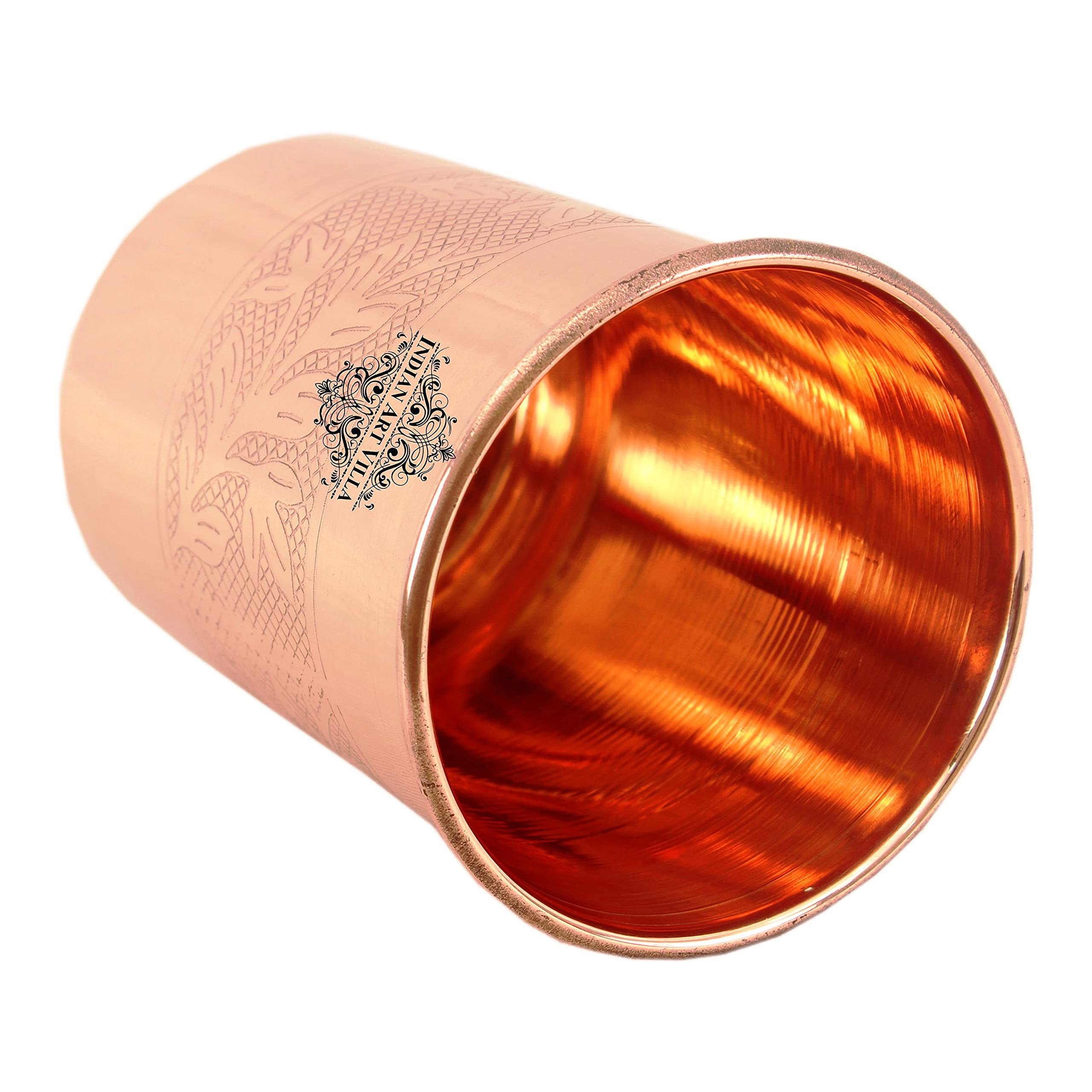 Handcrafted 10 oz Copper Tumbler Set of 6 - Engraved Leaf Design Indian Art Villa Drinkware | Perfect for Home, Kitchen, Restaurants & Gifts | Ideal for Water, Juice, Cocktails & Ayurvedic Drinks