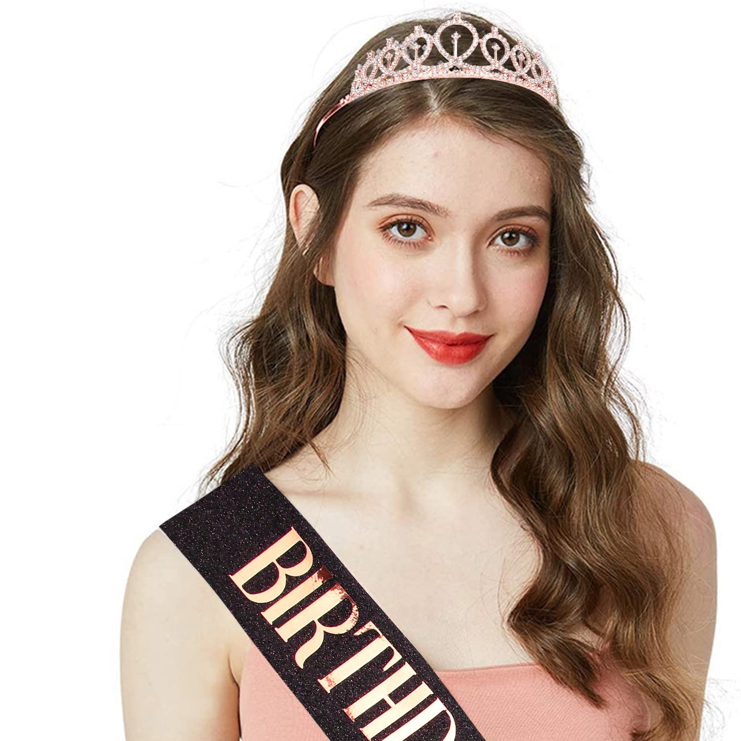CIEHER Rose Gold Birthday Crown & Black Sash Set for Women - Elegant Crystal Tiara & Queen Crown for Birthday Parties, Decorations, and Special Celebrations - Perfect Birthday Gift for Women