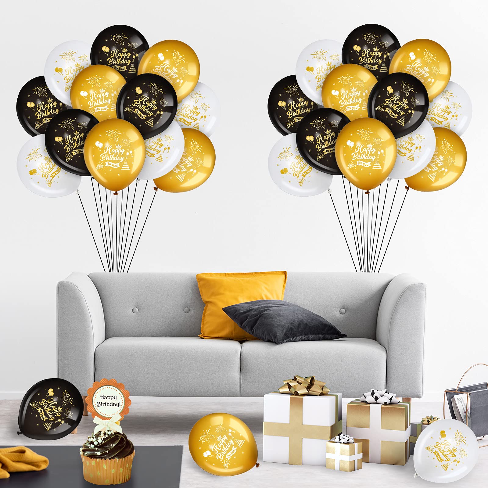 45-Piece 12-Inch Happy Birthday Balloons Set - Black, Gold & White Latex Balloons for Birthday, Anniversary Parties - Indoor/Outdoor Decorations for Girls, Boys, Women & Men - Perfect for Home, Office & Event Celebrations