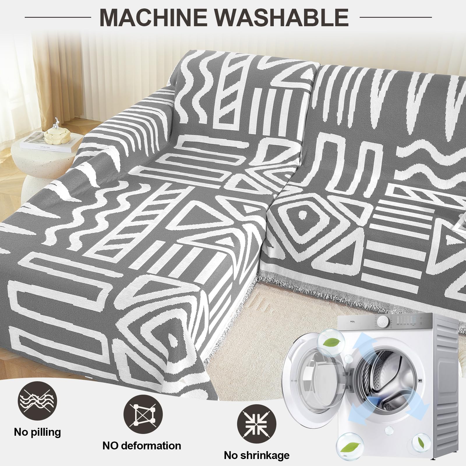 OstepDecor Boho Sectional Couch Covers 2-Piece Set - L-Shaped Sofa Slipcover, Washable Chenille Couch Cover for Pets, Sofa Protector Blanket Fits 2-3 Cushion Couches (71