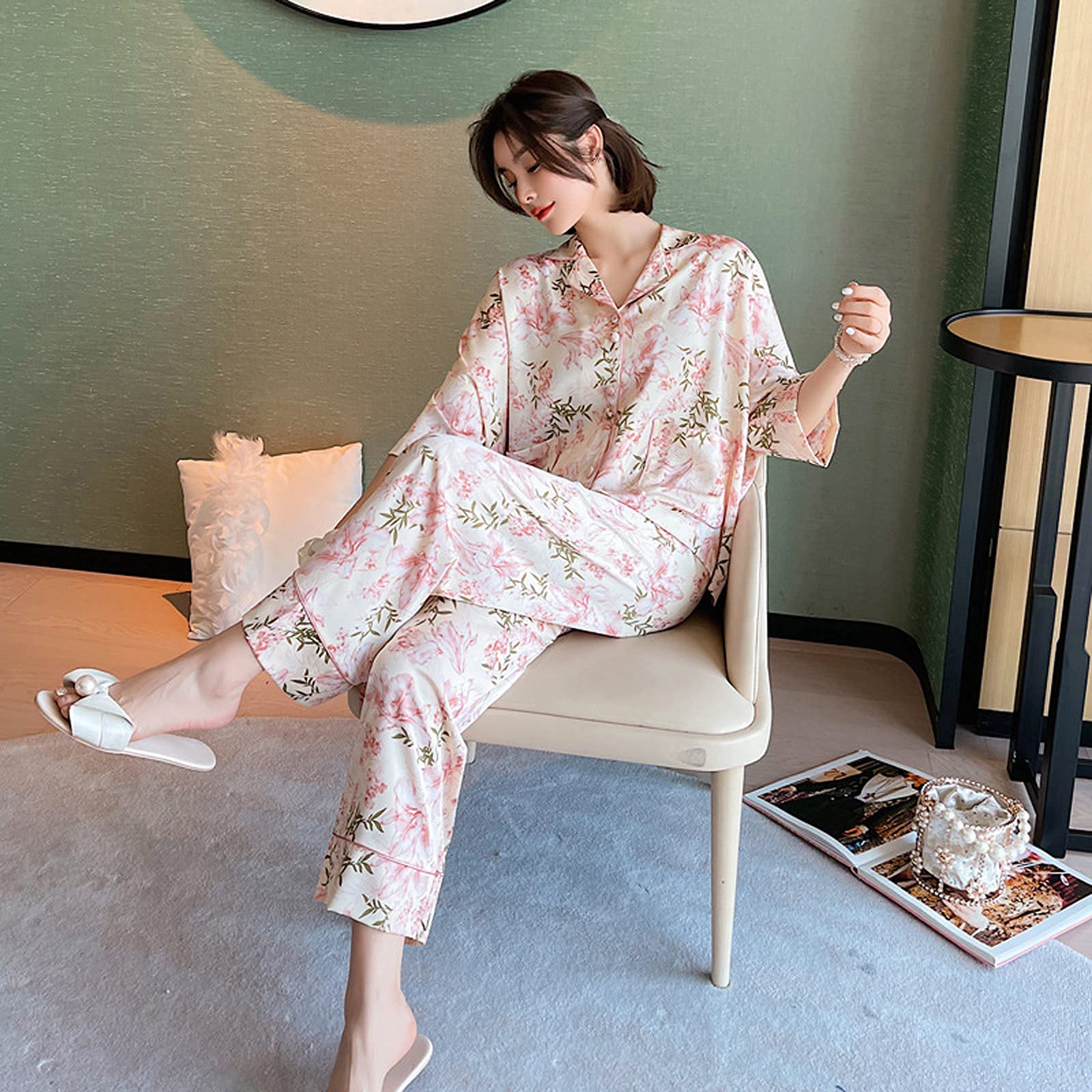 FMOGG Women's Ice Silk Pajama Set - Fashion Printed Sleepwear for Plus Size - Soft & Comfortable Nightwear for Lounge, Sleep & Relaxation