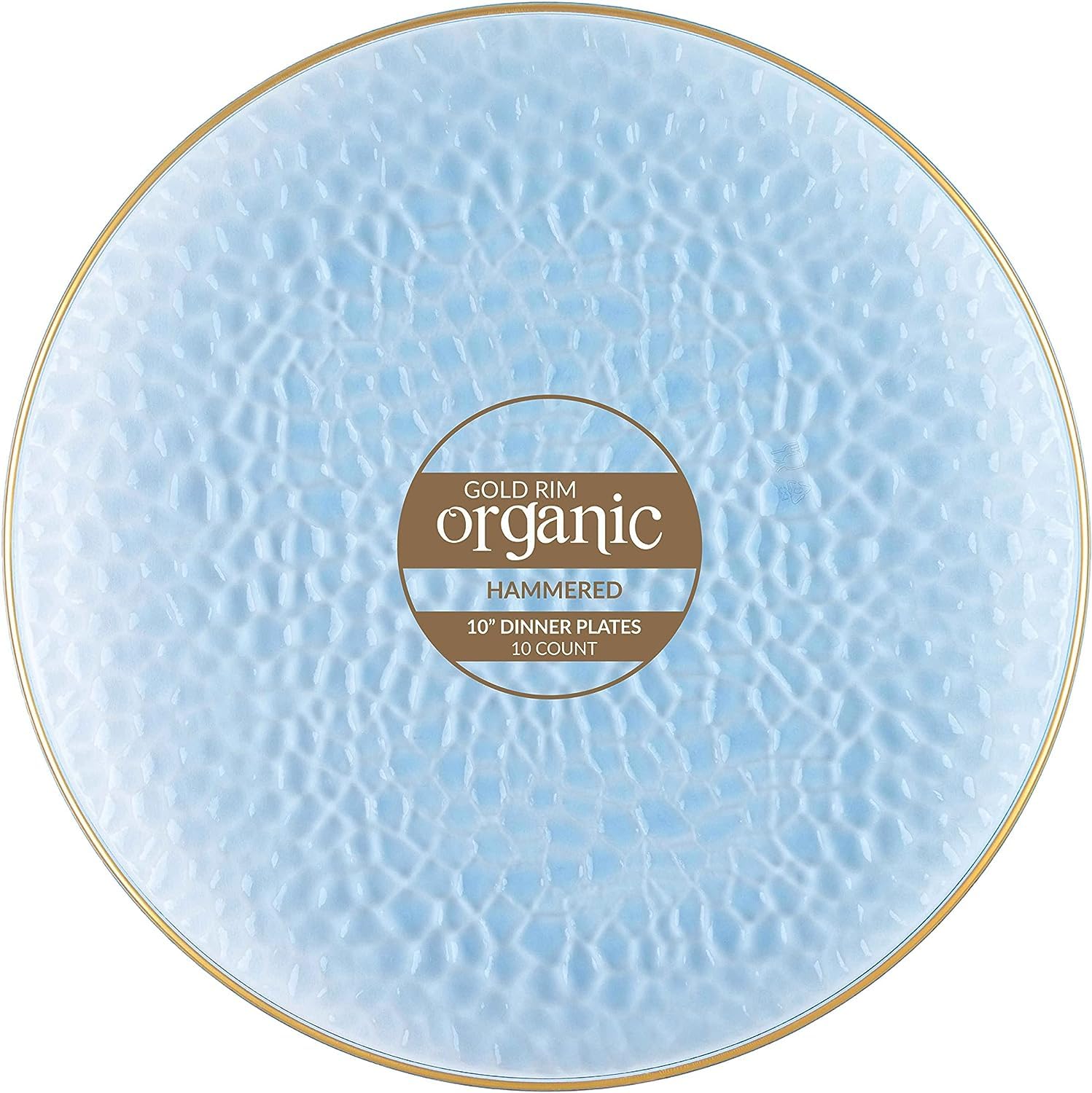 VeZee Disposable 10-Inch Organic Hammered Collection Blue with Gold Rim Plastic Dinner Plates - 120 Count for Elegant Parties, Weddings, Birthdays & Special Events | Perfect for Catering, Buffets & Formal Dining