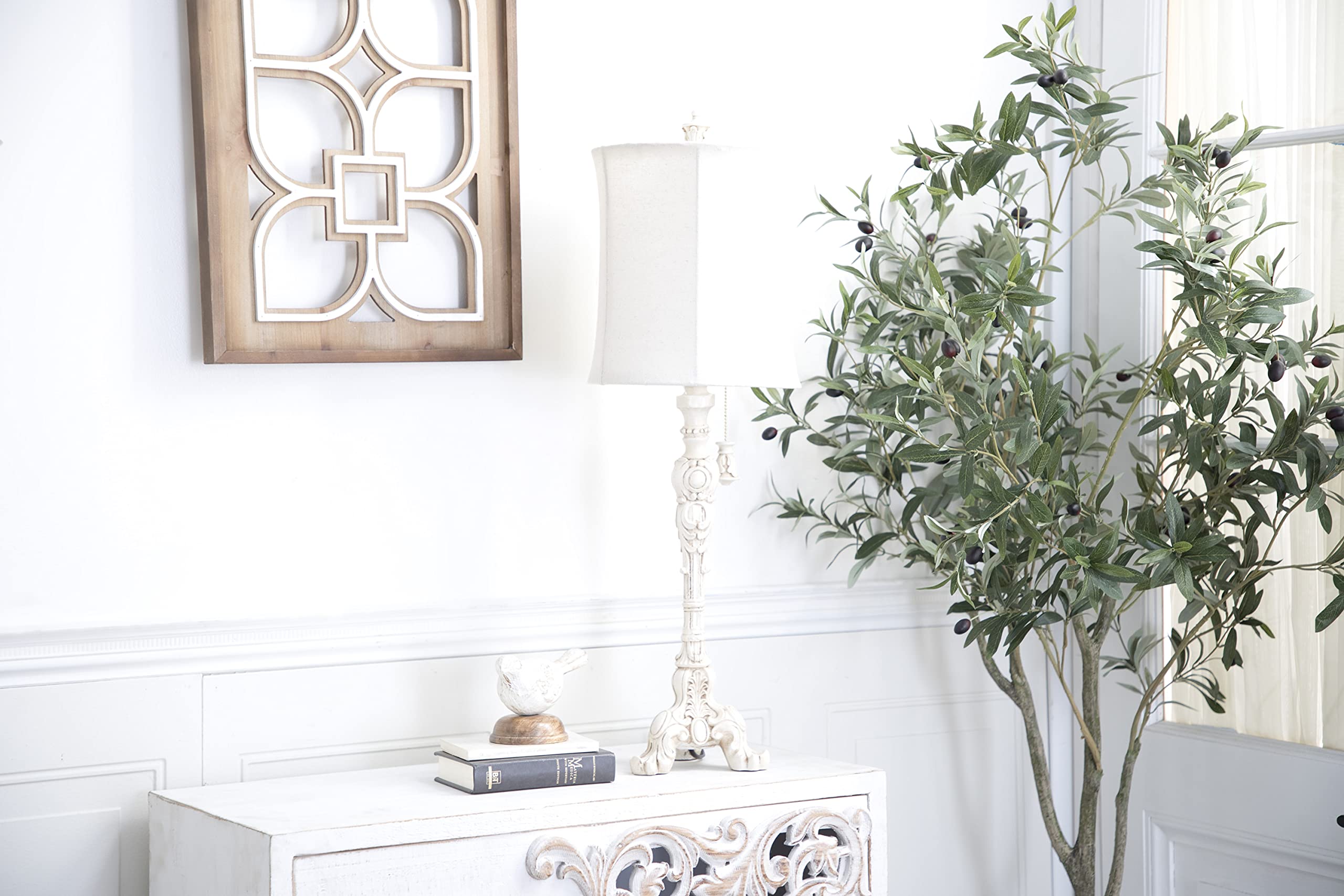 Antique Style Cream Polystone Table Lamp with Drum Shade - 7x7x31 Inches - Perfect for Living Room, Bedroom & Office Decor | Deco 79 Buffet Lamp