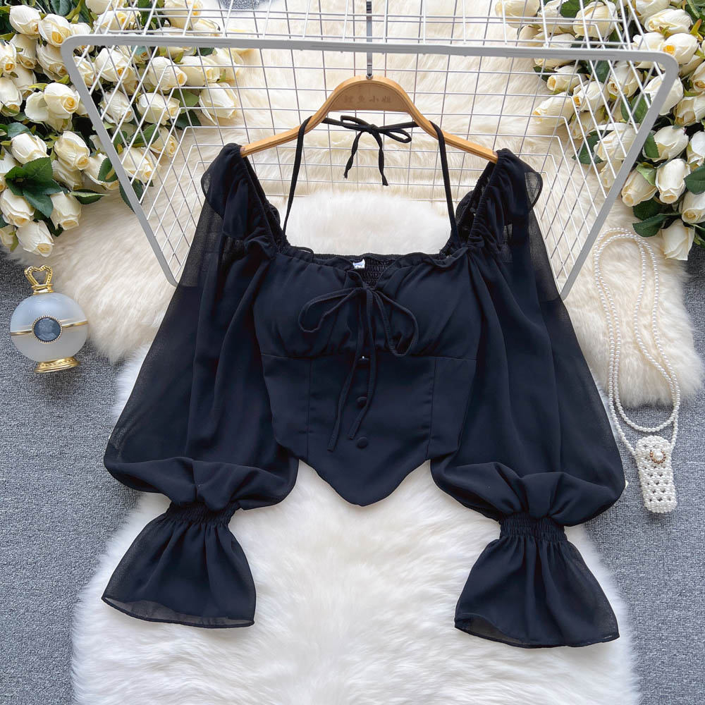 French Puff Sleeve Square Neck Cropped Chiffon Blouse - Elegant Women's Summer Tops for Casual Wear, Date Night & Office Outfits