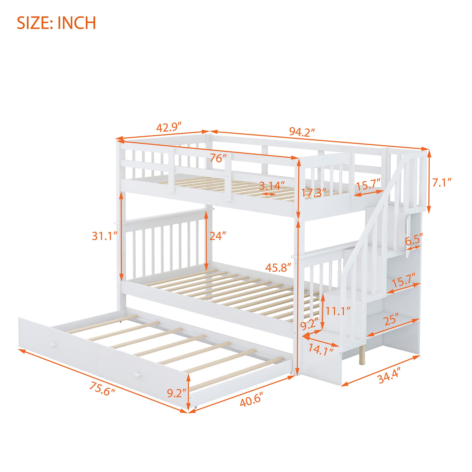 Harper & Bright Designs Twin Over Twin Bunk Bed with Trundle, Storage Shelf, Stairs & Guard Rail - Solid Wood Bunk Bed Frame for Kids, Teens & Adults - Perfect for Small Bedrooms, Guest Rooms & Vacation Homes (White)