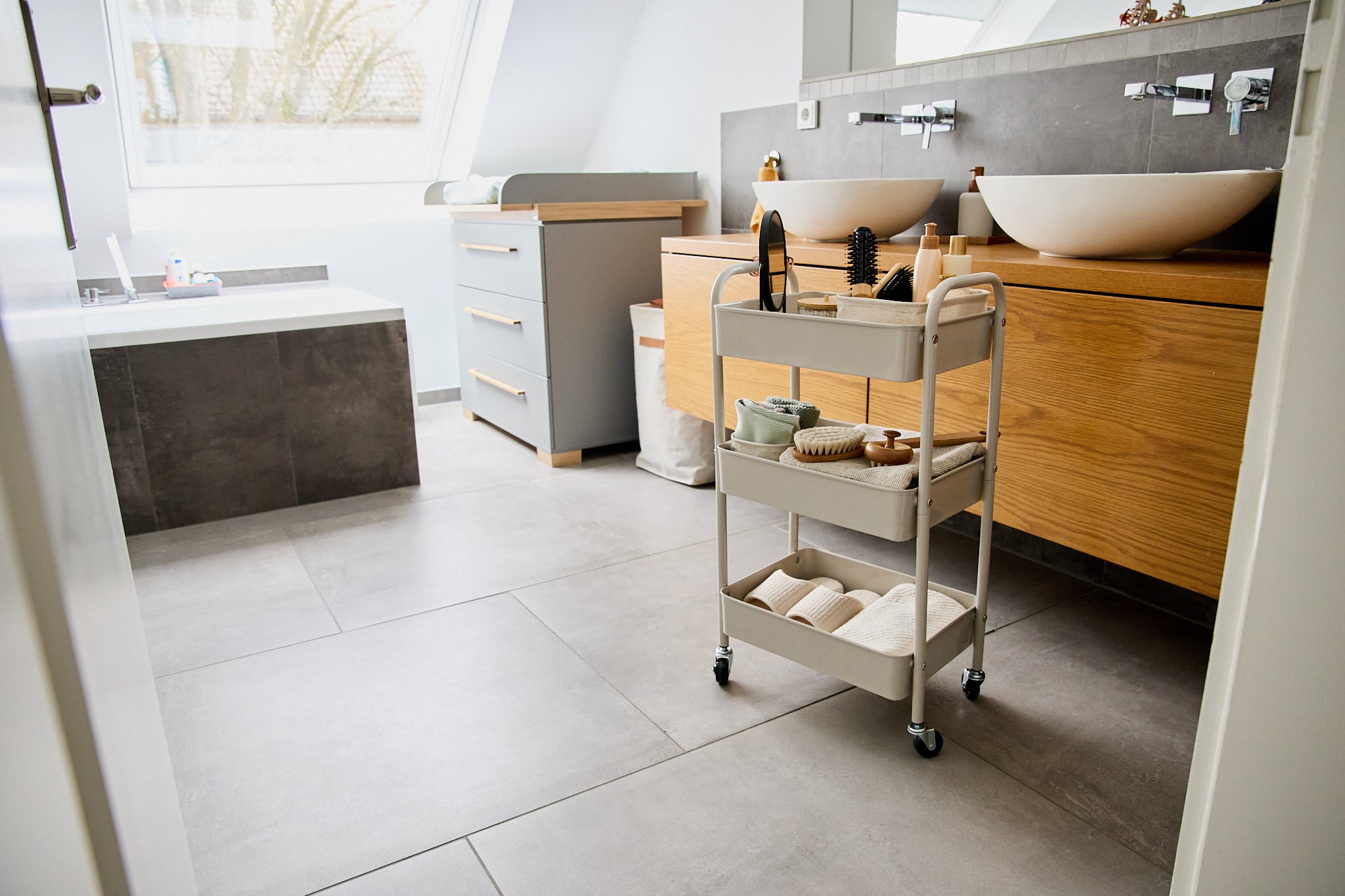 3 Tier Rolling Cart with Wheels - Grey Metal Utility Cart for Kitchen, Office, Bathroom Storage & Organization - Perfect for Home, Dorm, Salon Use
