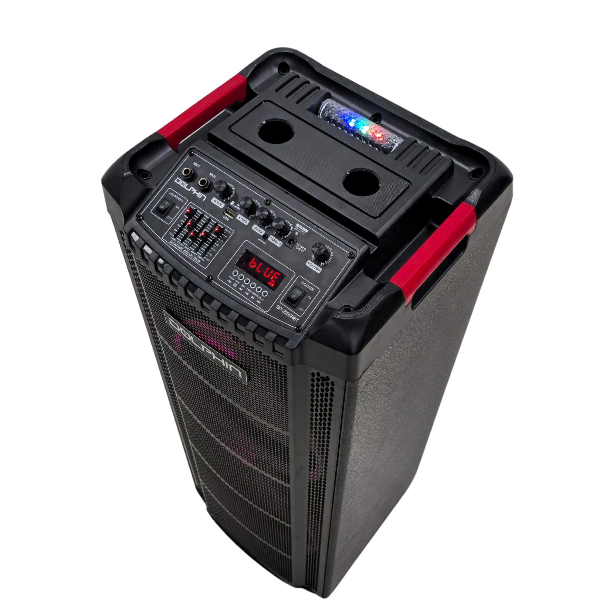 Dolphin SP-2130RBT Dual 12” Rechargeable Bluetooth Karaoke Speaker with 2 Wireless Mics & LED Lights - Portable PA System for Home Parties, Outdoor Singing & Events