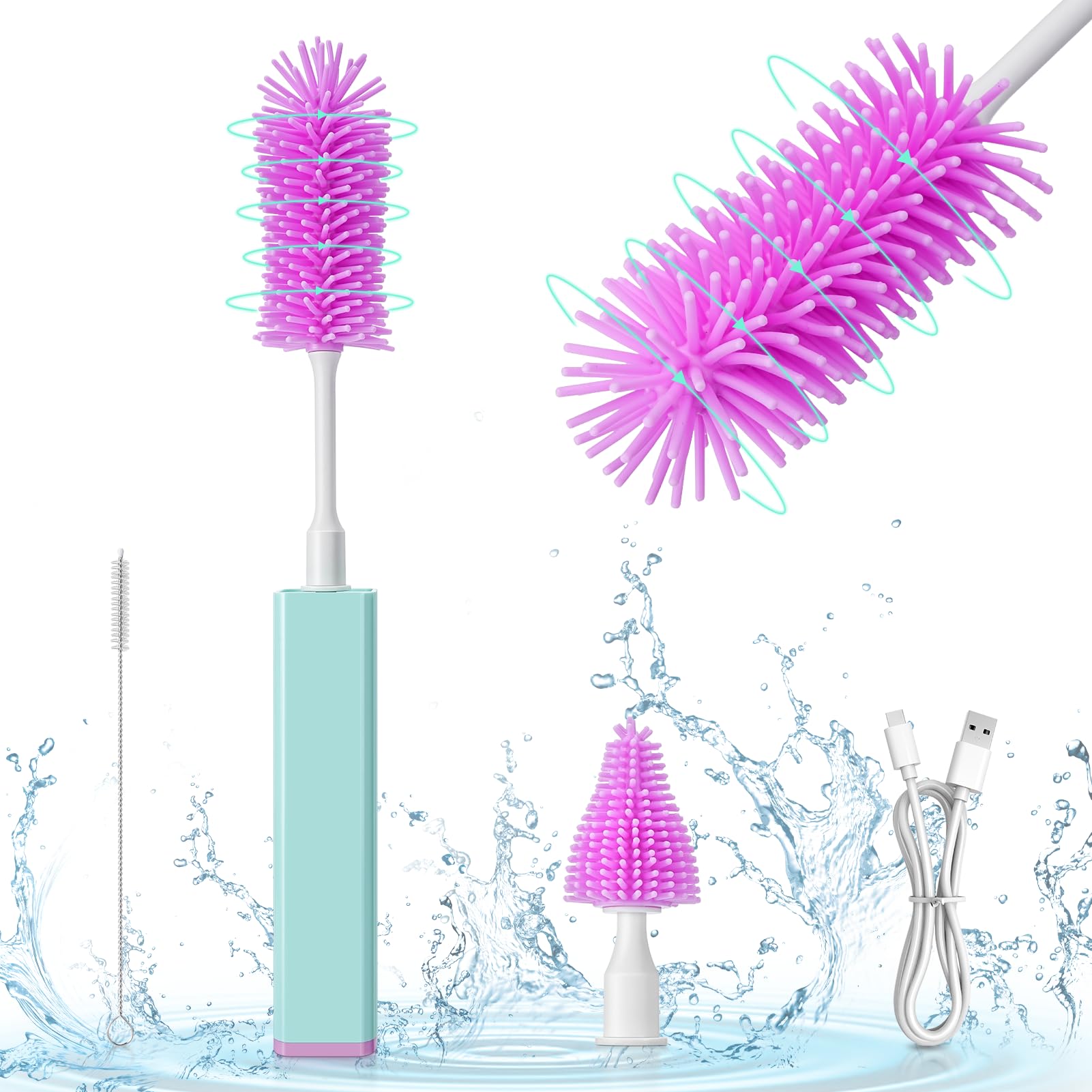Electric Bottle Brush Set - 360° Automatic Cleaning, IPX7 Waterproof, 2-Speed Silicone Brush for Baby Bottles, Nipples & Straws | Perfect for New Moms & Travel Use