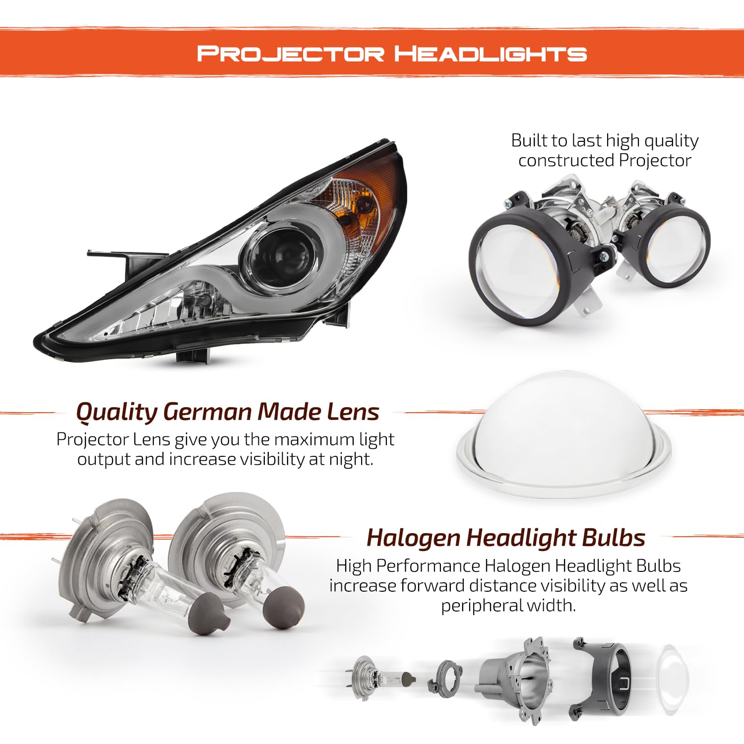 AKKON Smoked LED DRL Strip V2 Projector Headlights - Compatible with Hyundai Sonata (Left + Right Pair) | Daylight Running Lights Upgrade for Enhanced Visibility & Style
