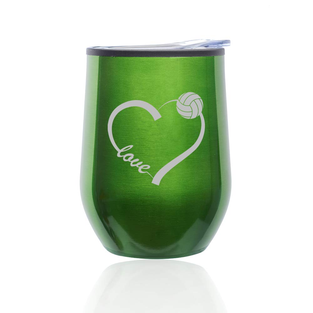 Stemless Wine Tumbler with Lid - 16oz Insulated Coffee Travel Mug, Heart & Volleyball Design, BPA-Free Glass Cup for Hot/Cold Drinks - Perfect for Home, Office, Gym & Outdoor Activities (Green)