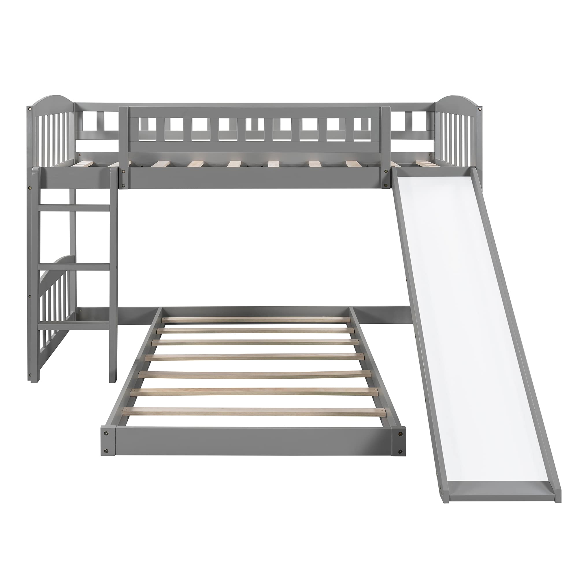 Knocbel Twin Size Loft Bed with Floor Platform - Sturdy Wooden Bunk Bed Frame with Guardrails, Reversible Slide & Ladder - 77.4
