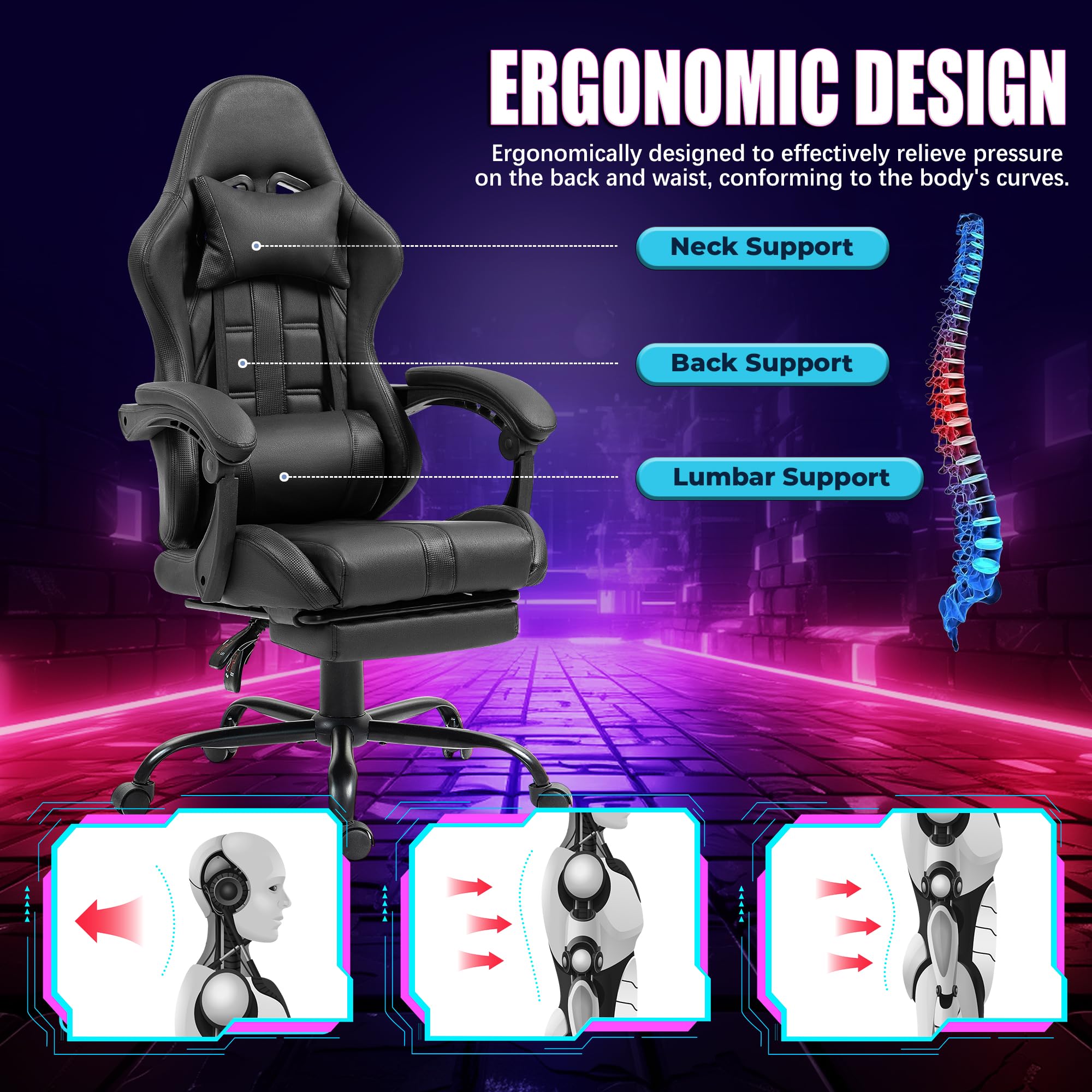 Ergonomic Massage Gaming Chair with Adjustable Footrest, High Back Office Chair with Headrest & Lumbar Support - PU Leather Swivel Computer Desk Chair for Home & Office Use - Perfect for Gaming, Working, and Relaxing - Black
