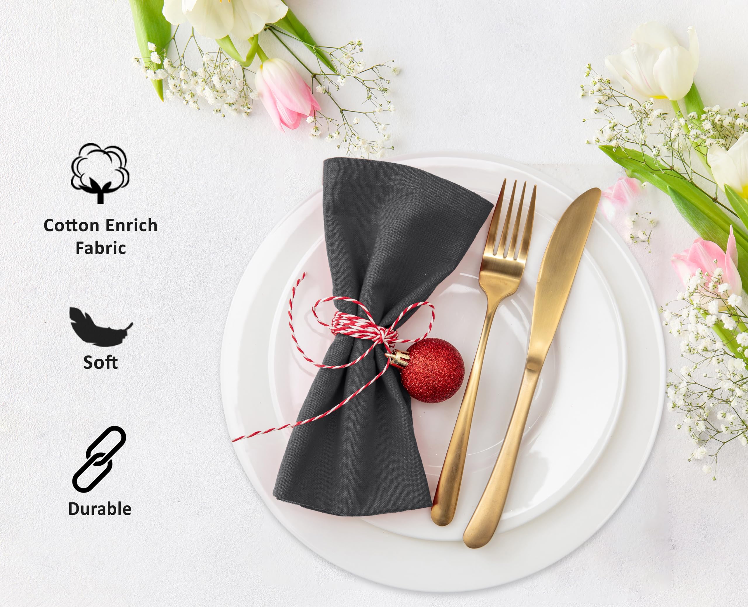 Premium Cotton Blend Washable Cloth Napkins Set of 12 - 18x18 Inch Soft & Absorbent Dinner Napkins for Restaurants, Weddings, Parties & Everyday Use - Dark Grey Table Linens for Elegant Dining & Special Occasions