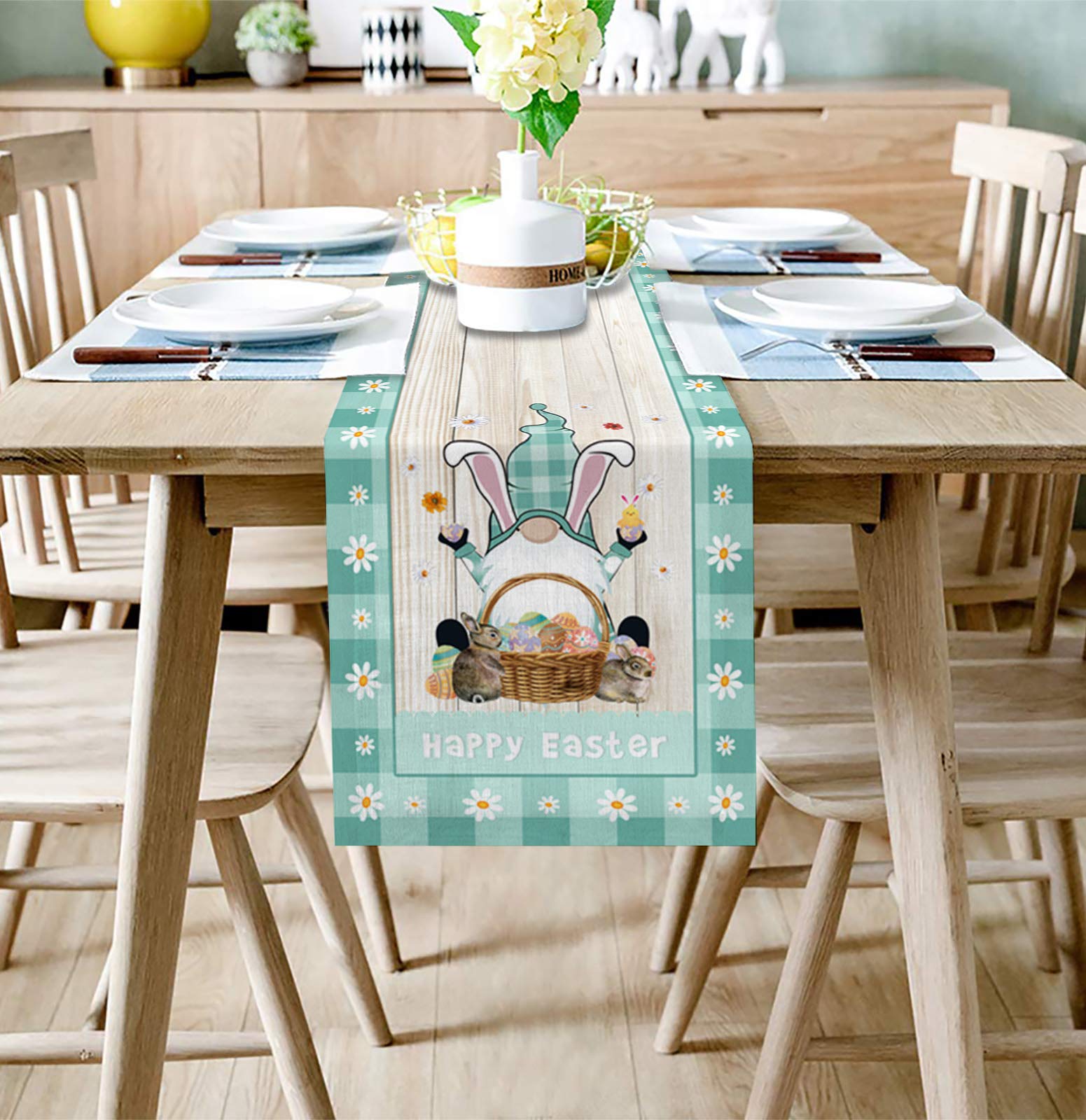 Easter Table Runner 13x90 Inches - Cute Gnome Bunny Egg Burlap Table Cover for Dining Room Kitchen Decor | Teal Buffalo Lace Retro Wooden Stripes Party Wedding Table Scarf | Perfect for Spring Celebrations, Holiday Dinners & Home Decor