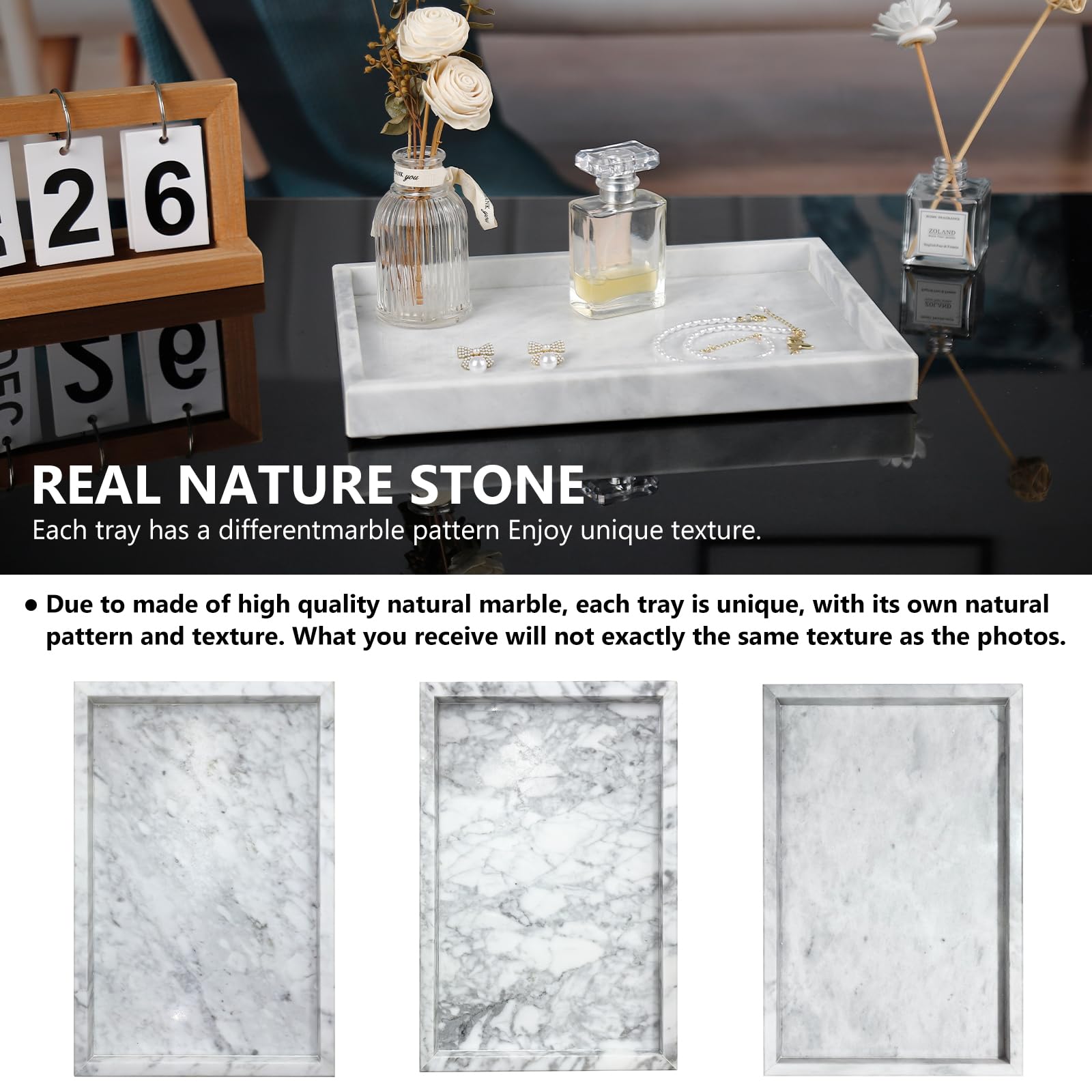 Premium Natural Marble Tray for Jewelry, Cosmetics & Home Decor - Elegant Rectangle Stone Tray for Bathroom, Vanity, Kitchen & Office Desk - Perfect for Organizing Candles, Perfume & Lotion Bottles