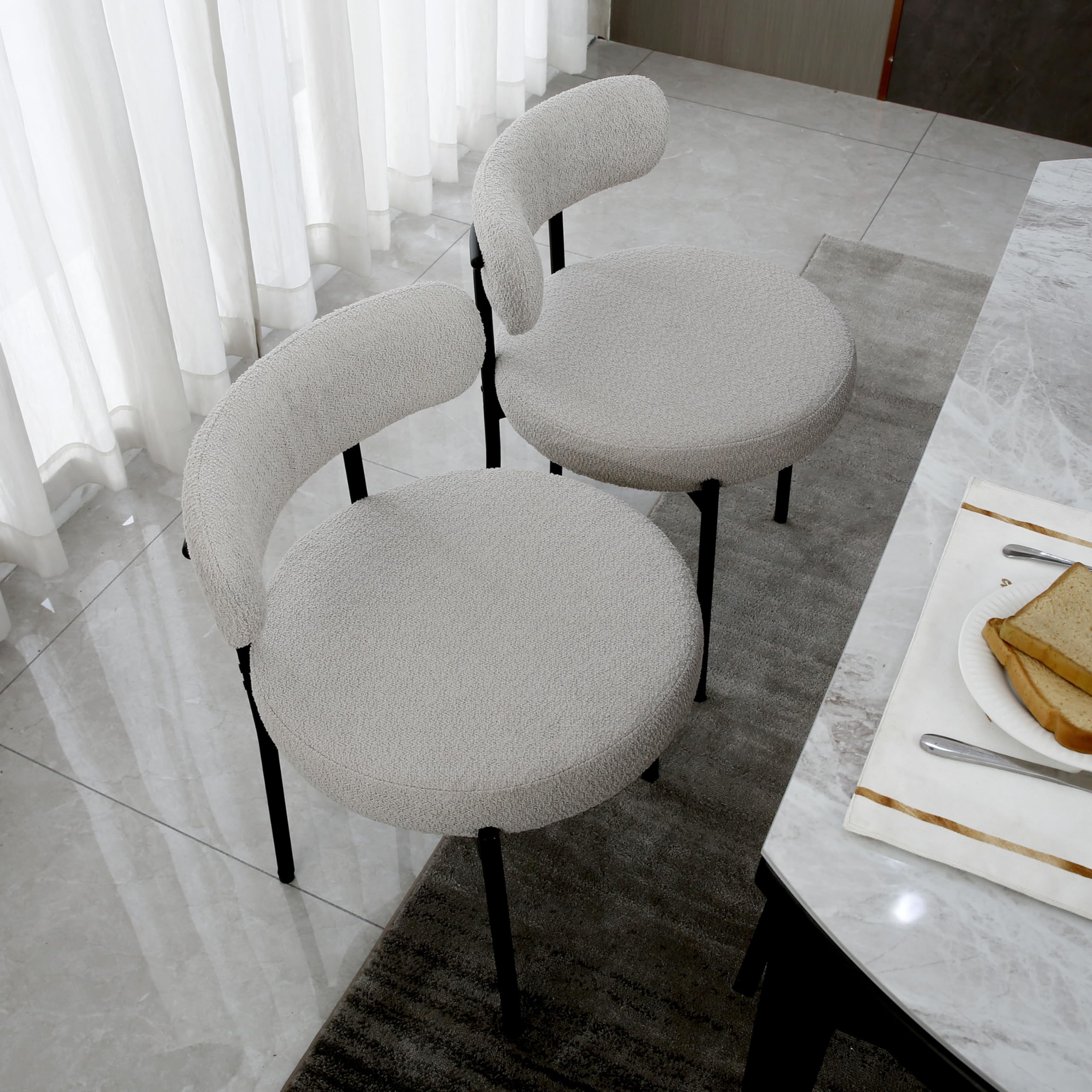 Light Grey Upholstered Boucle Dining Chairs Set of 2 - Mid-Century Modern Round Kitchen Chairs with Curved Backrest & Black Metal Legs - Perfect for Dining Room, Breakfast Nook & Small Space Decor
