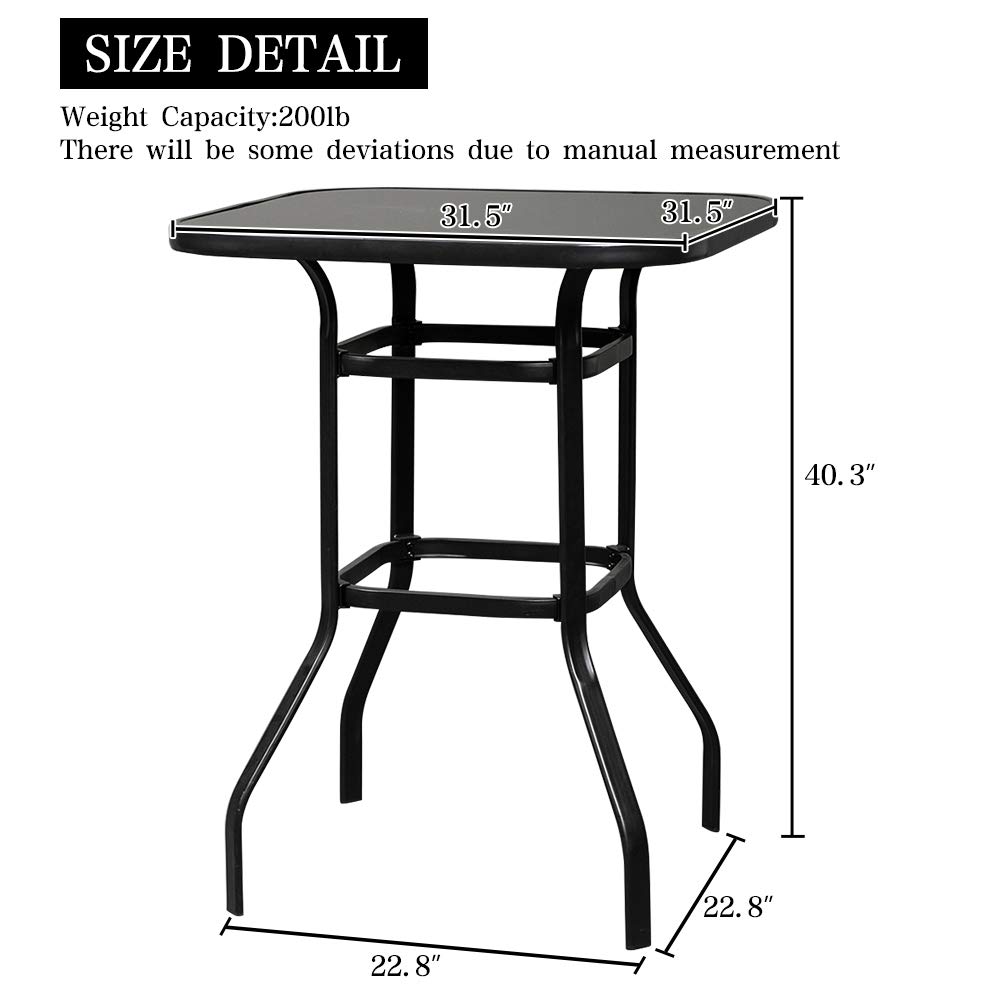Black Wrought Iron Glass High Bar Table - Easy to Assemble Patio Dining Set for Outdoor, Garden, Deck, and Poolside Entertaining