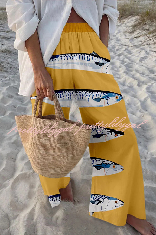 Stylish Marine Print Elastic Waist Loose Pocket Pants for Women - Comfortable Beachwear & Casual Summer Outfits