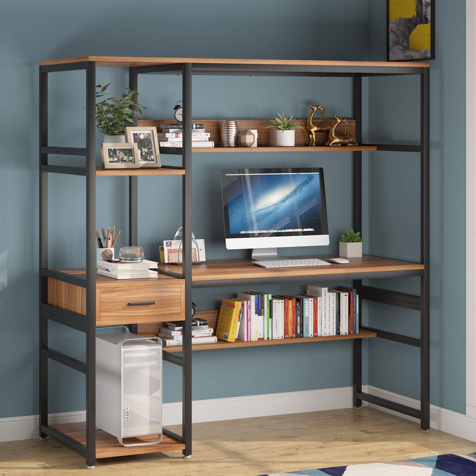 Tribesigns 59 Inch Rustic Industrial Computer Desk with Hutch Bookcase, 5 Storage Shelves & Drawer - Home Office Workstation for Study, Writing & Workspace Organization