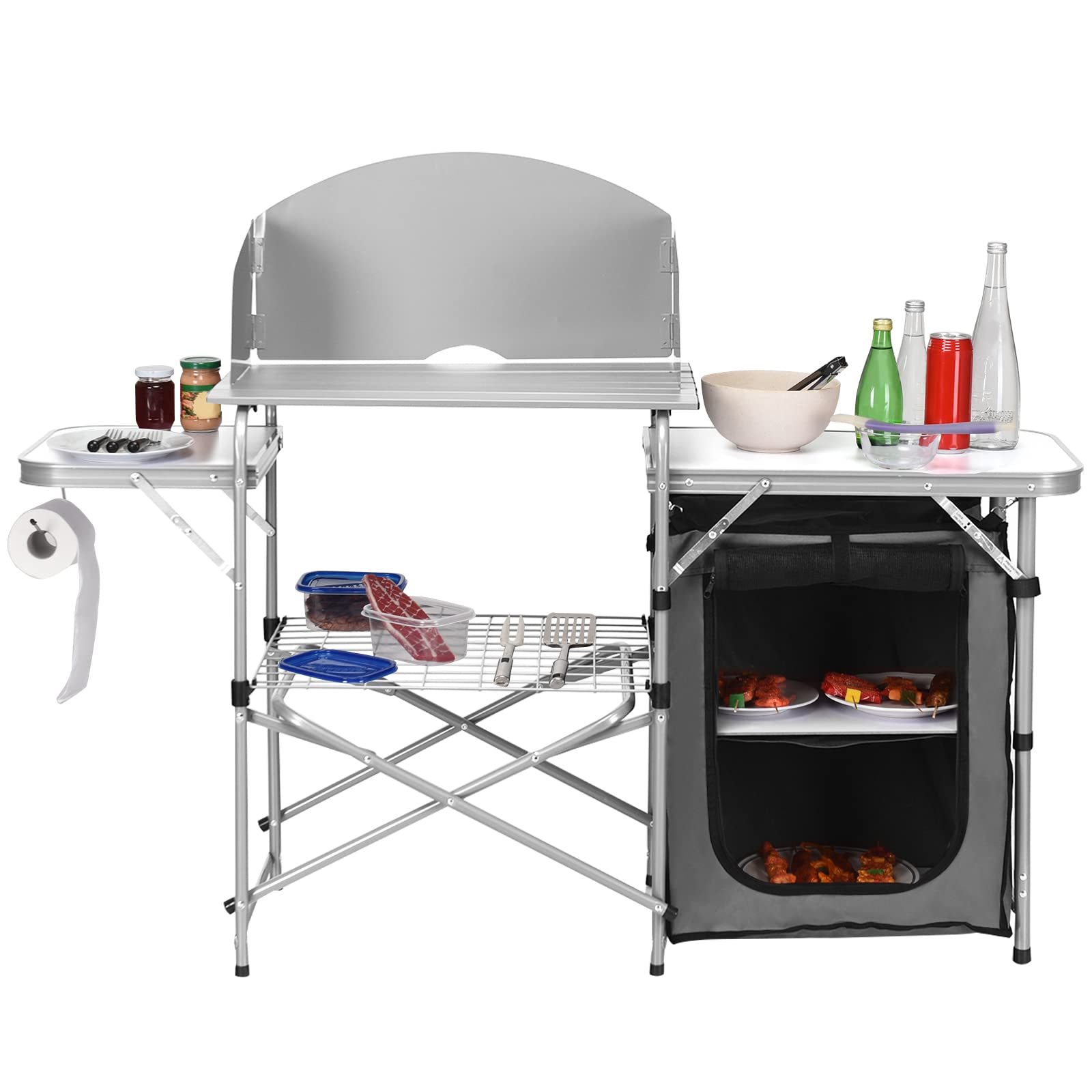 Goplus Portable Camping Kitchen Table with Storage & Detachable Windscreen - 26