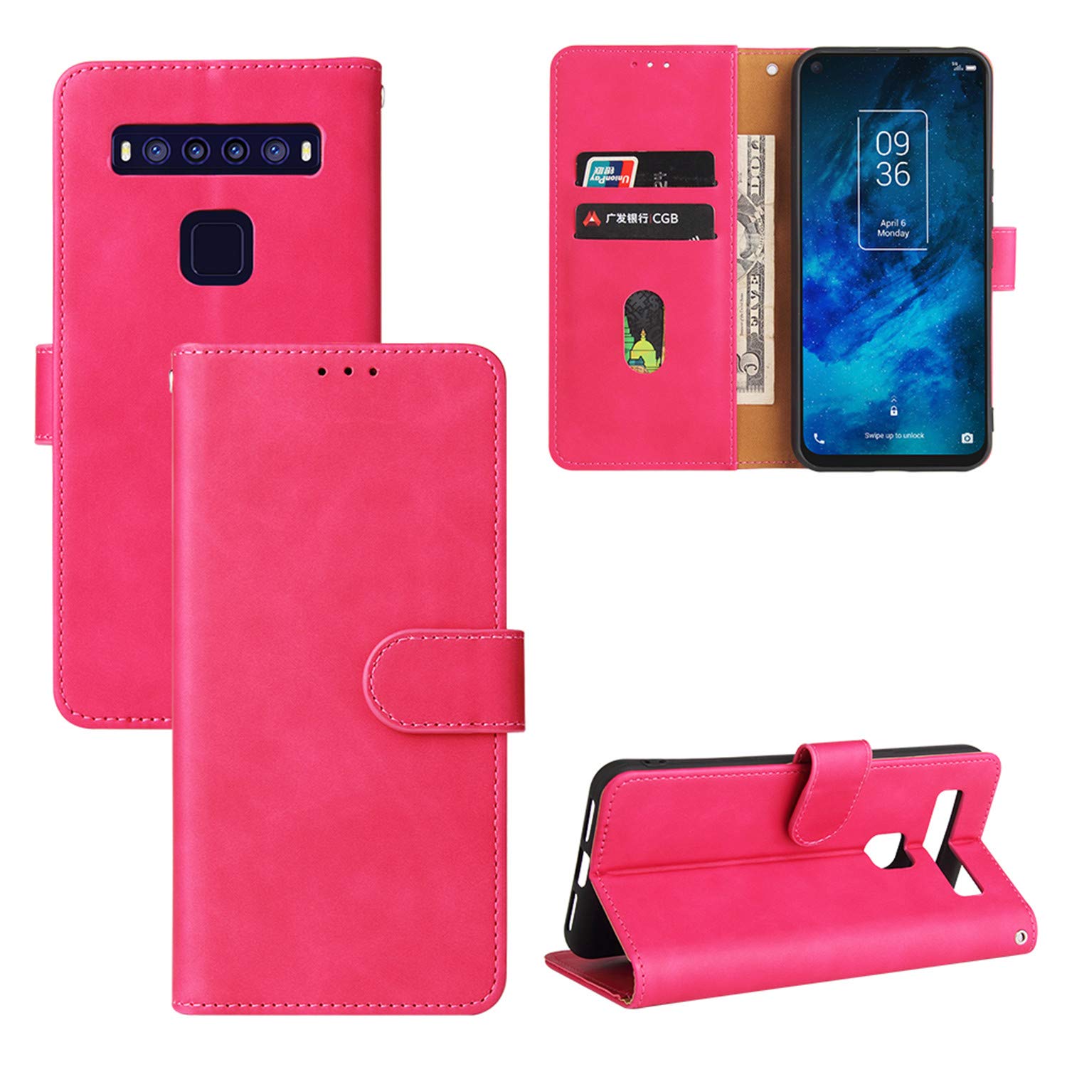 TCL 10 5G UW Leather Wallet Case - Rose Red for Women with Card Slots & Stand for Daily Use