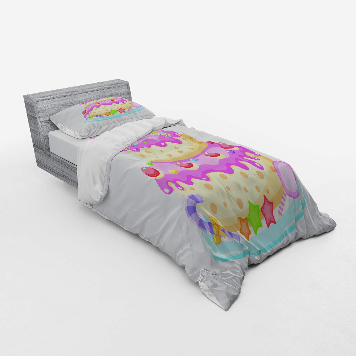 Ambesonne Pastel Birthday Cake Duvet Cover Set - 3 Piece Twin Size Bedding with Sham & Fitted Sheet - Cute Candles & Candies Design in Pale Pink - Perfect for Kids' Birthday Parties & Bedroom Decor