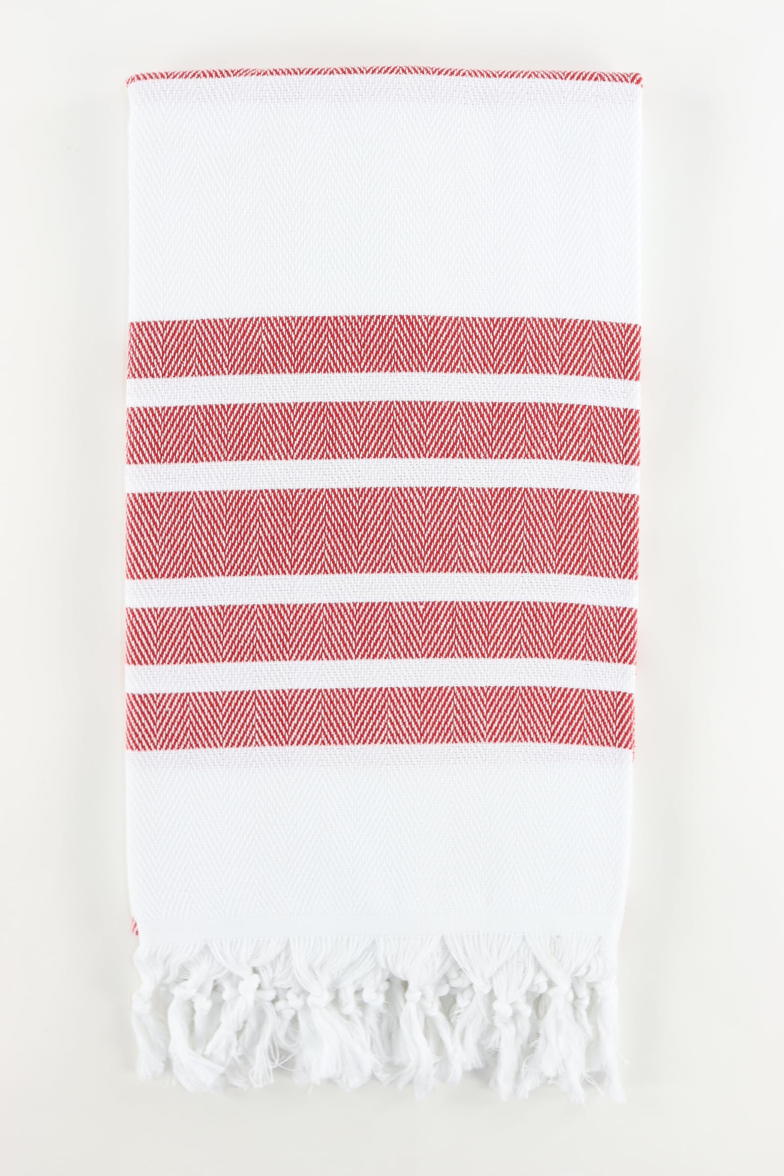Premium Herringbone Turkish Towel Peshtemal - 100% Authentic Turkish Cotton for Bath, Beach, Pool & Spa - White & Red - Perfect for Travel, Yoga & Hammam