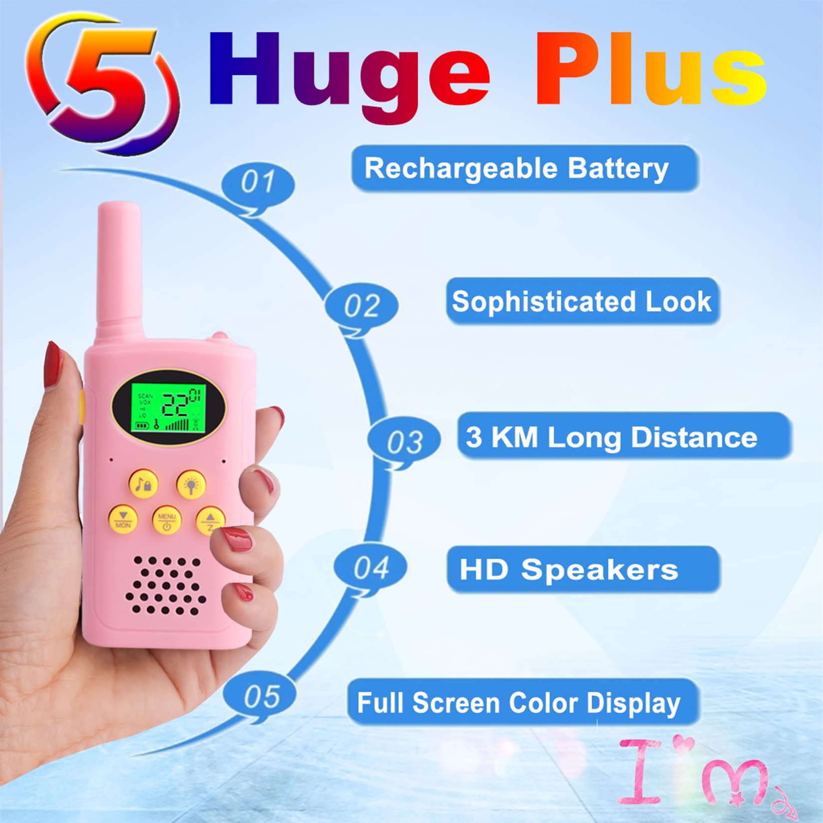 Rechargeable Walkie Talkies for Kids - 2 Pack Long Range 22 Channel Two Way Radios - Outdoor Toys for Boys & Girls Ages 3-12 - Perfect for Camping, Hiking, Birthday, Christmas & Easter Gifts (Blue & Pink) - Great for Family Adventures, Playdates & Emergency Communication