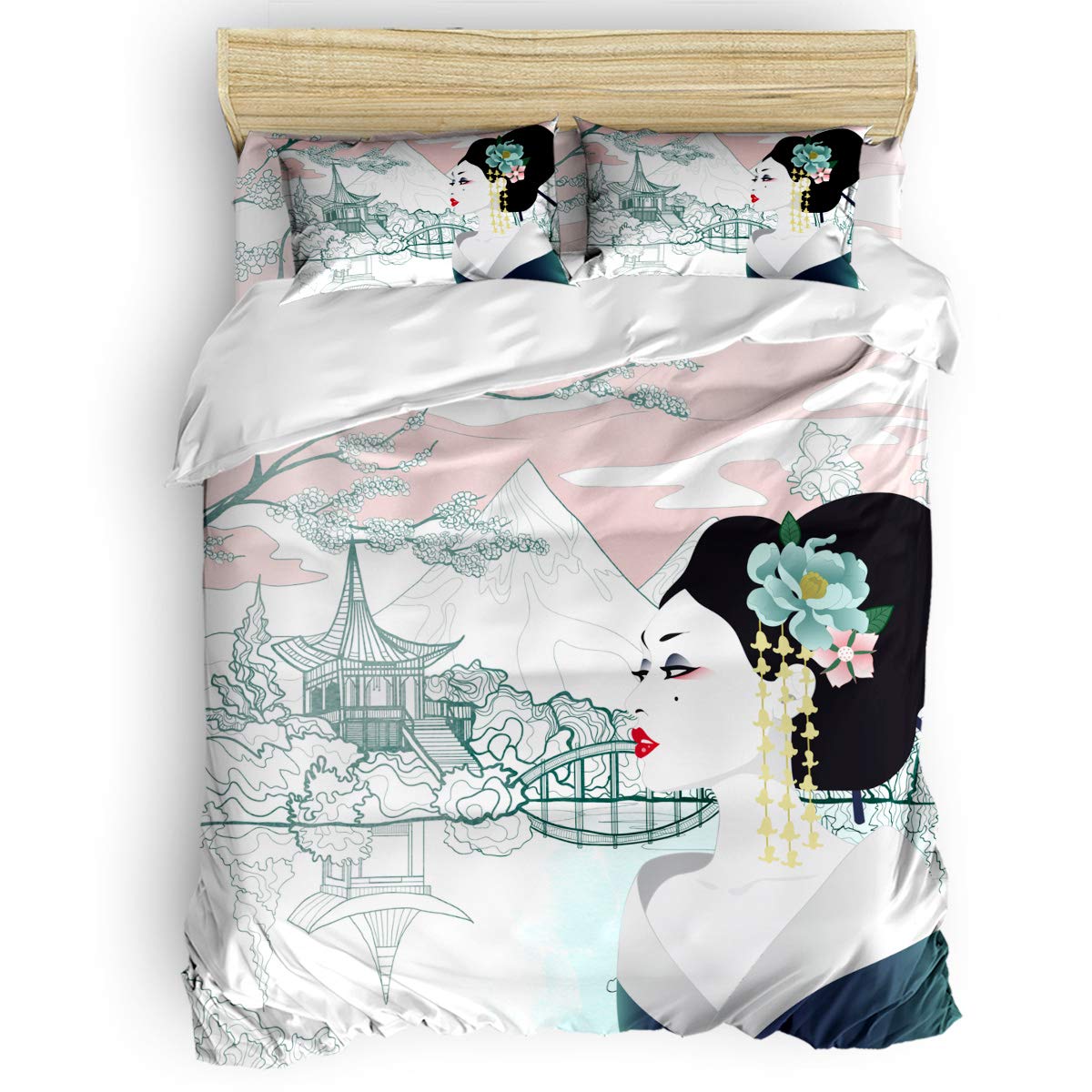 Luxury Geisha Women Pattern Bedding Set - Soft Queen Size Duvet Cover & Sheet Set (4-Piece: 1 Flat Sheet, 1 Comforter Cover, 2 Pillowcases) for Elegant Bedroom Decor & Japanese Themed Home Styling