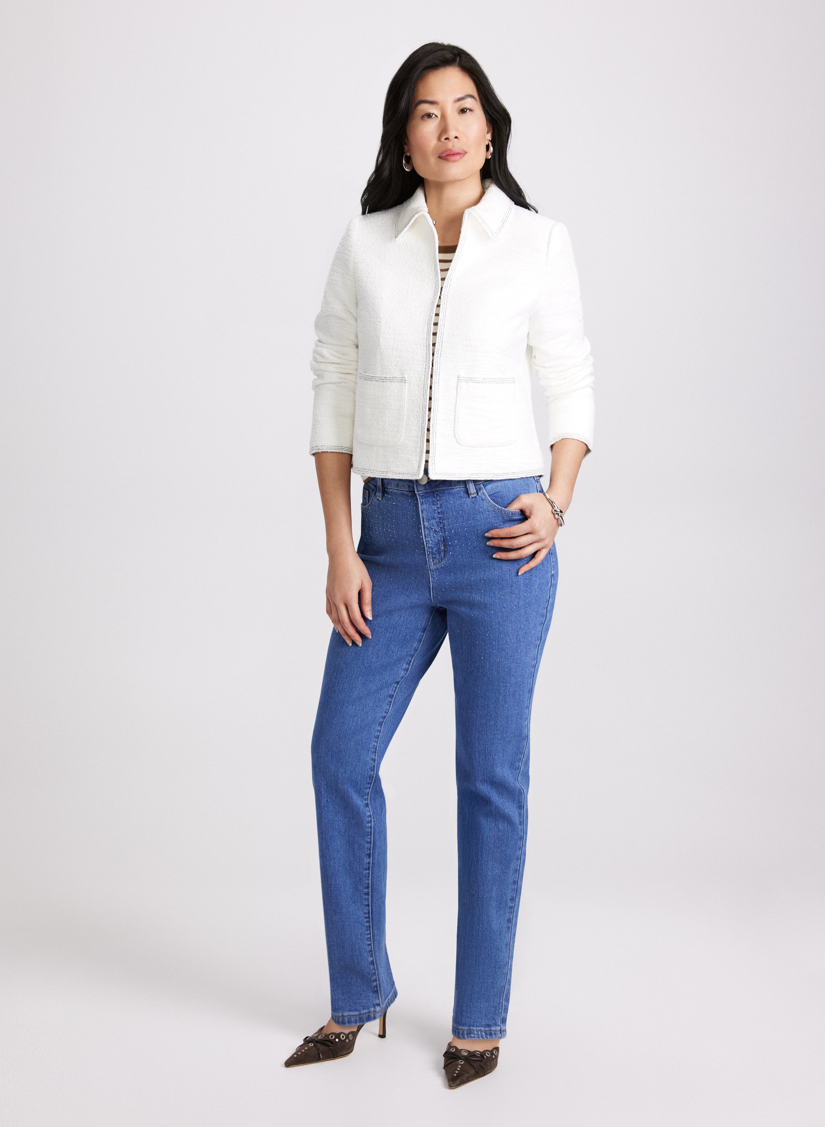 Stylish Contrast Stitch Tweed Jacket & Rhinestone Embellished Straight Leg Jeans Set | Women's Fashion Outfit for Work, Date Night & Special Occasions