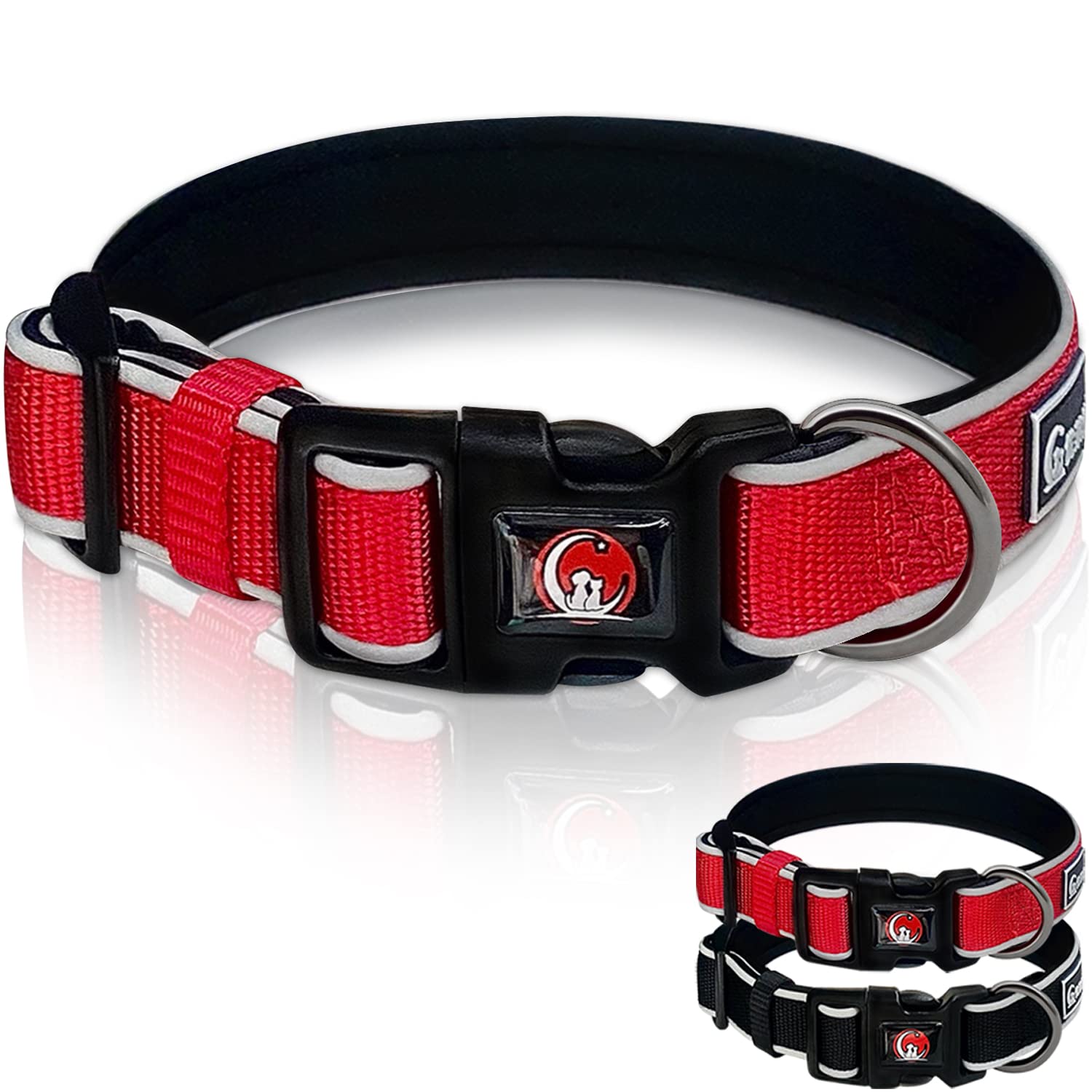 Reflective Nylon Dog Collar with Soft Neoprene Padding - Adjustable, D-Ring & Safety Buckle for Small, Medium & Large Dogs | Day & Night Visibility for Walking, Running & Outdoor Adventures