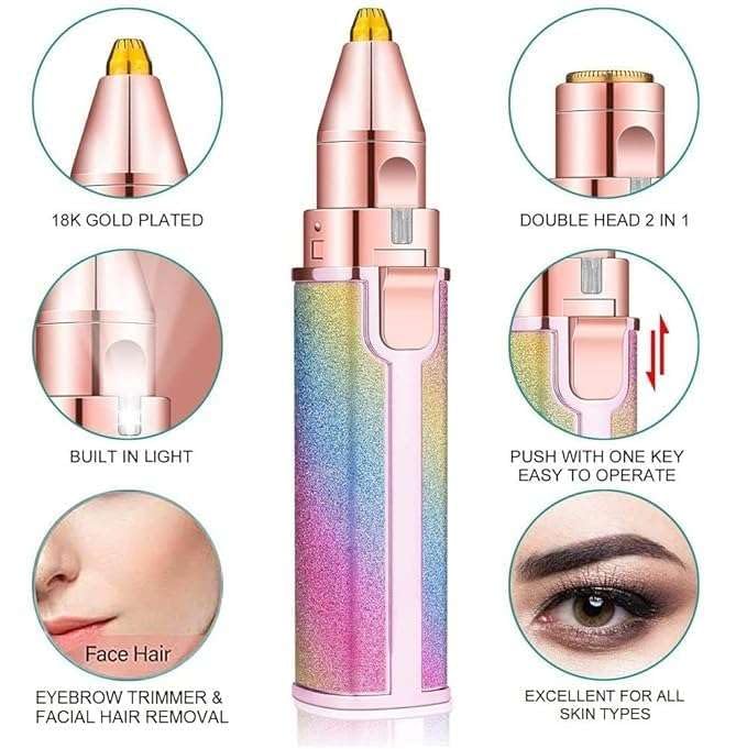 IRQA 4-in-1 Rechargeable Facial Hair Remover for Women - Eyebrow Trimmer, Nose Hair Trimmer, Lip & Face Shaver with LED Light & Replaceable Heads - Perfect for Travel, Home & Salon Use (Style_16)
