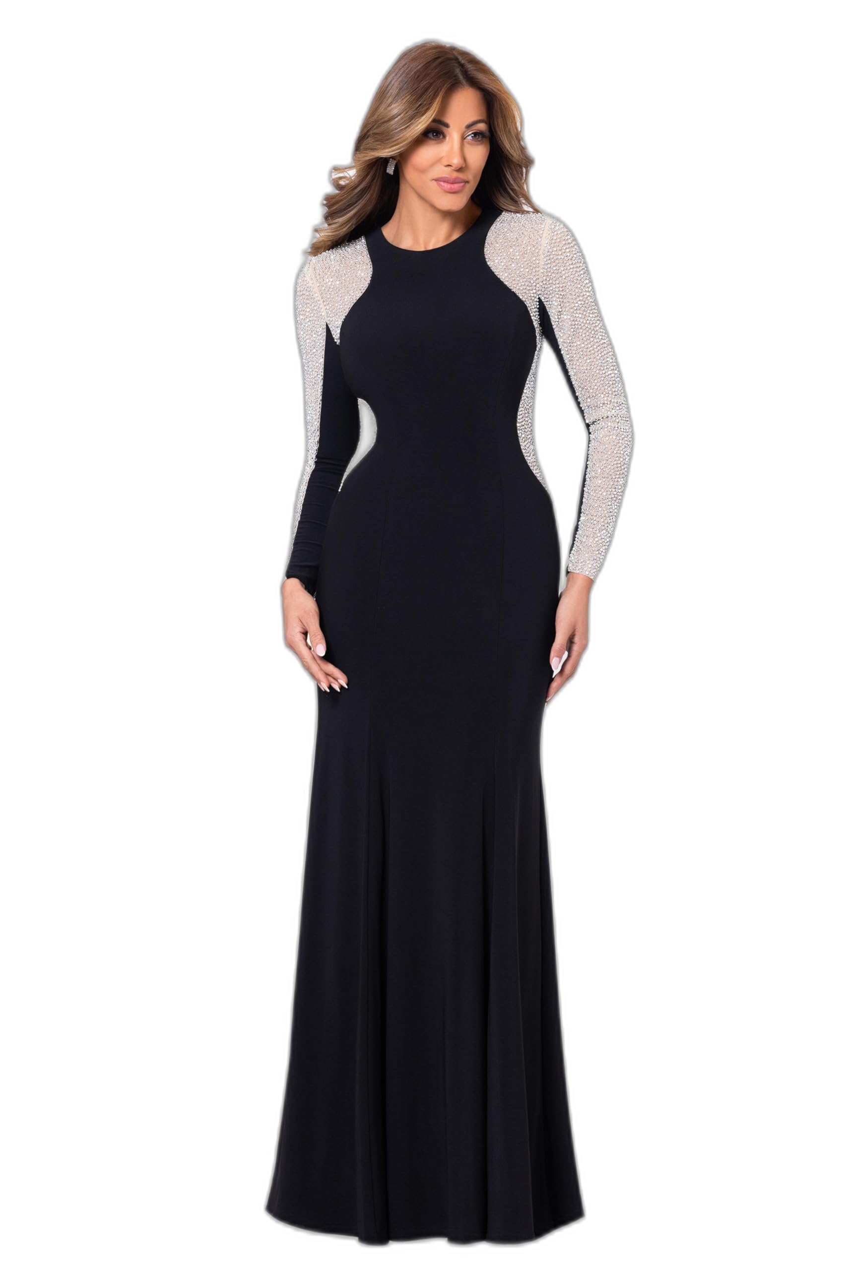 Xscape Women's Long Sleeve Beaded Contour Gown - Elegant Evening Dress for Prom, Gala, and Formal Events