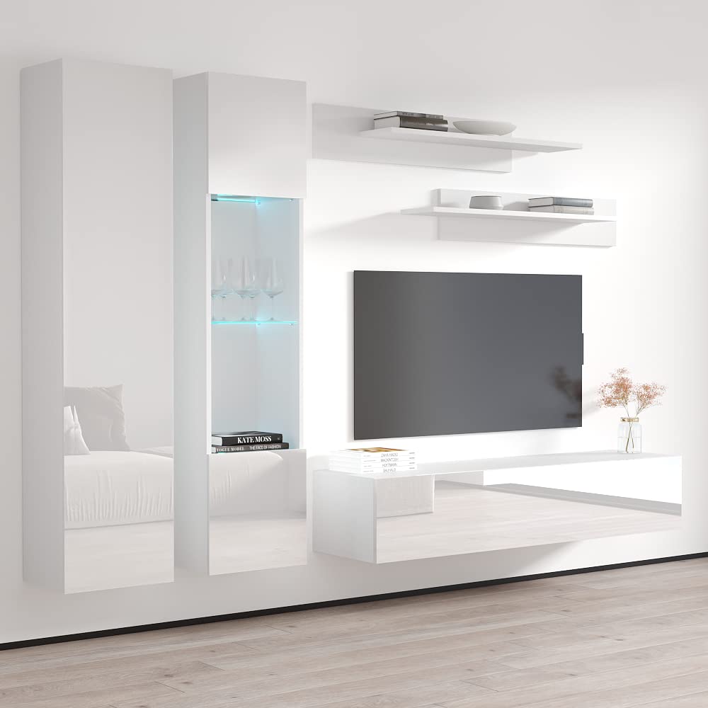 Modern White Wall-Mounted TV Stand with Storage Shelves & LED Lights - Floating Entertainment Center Console for Bedroom & Living Room - Perfect for Small Spaces & Home Theater Setup - Meble Furniture Fly A5 30TV Stand