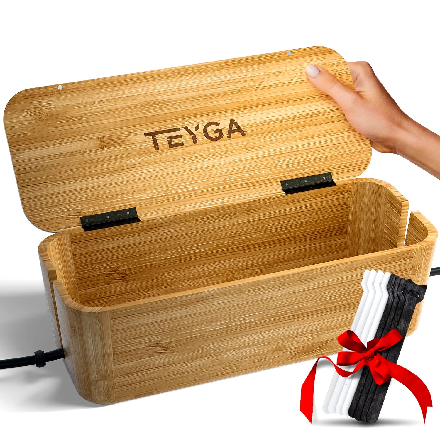 TEYGA BamBox Premium - Durable Bamboo Cable Management Box | Cord Organizer & Power Strip Cover | Hide Wires for Home Office, Living Room & Bedroom