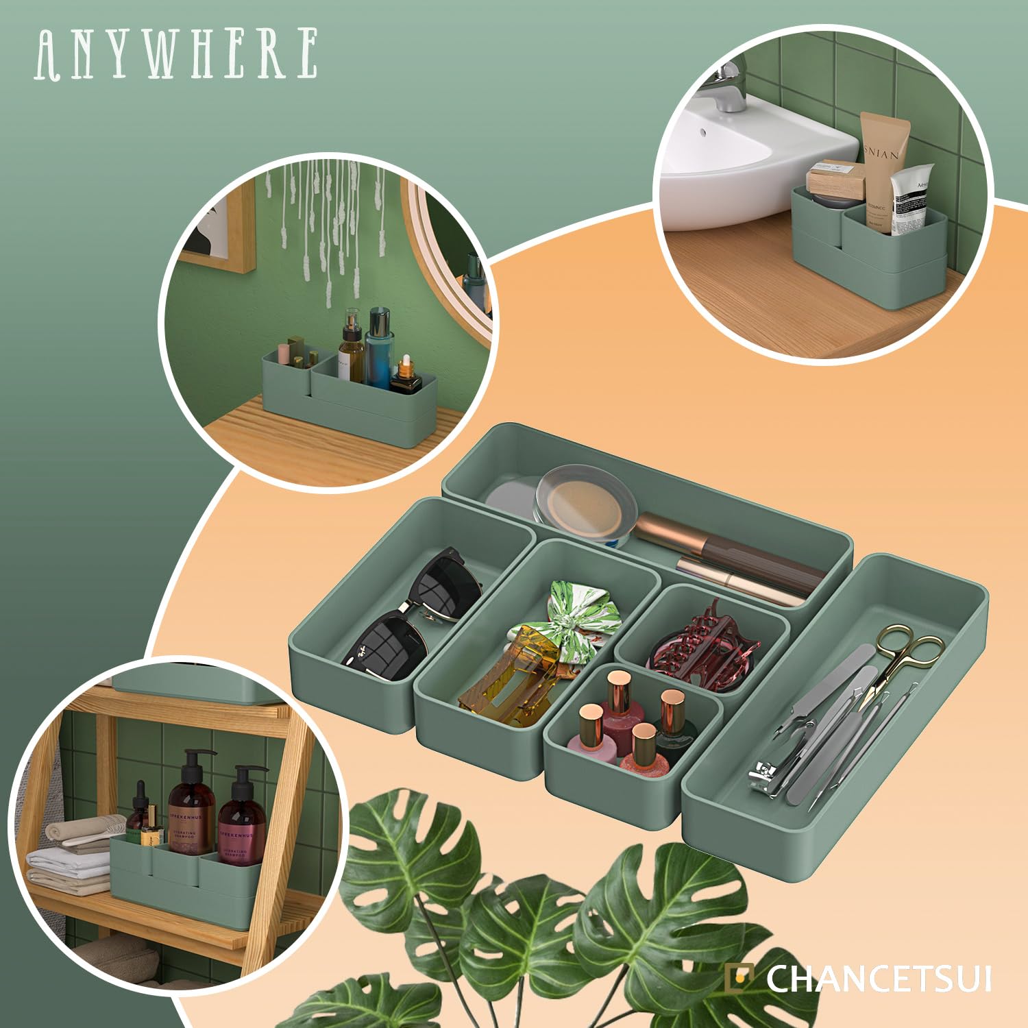 6-Piece Stackable Drawer Organizer Set - Versatile Storage Bins for Makeup, Office, Kitchen & Bathroom | Space-Saving Drawer Trays for Bedroom, Vanity & Desk Organization (Green) - Perfect for Home, Dorm & Office Storage Solutions
