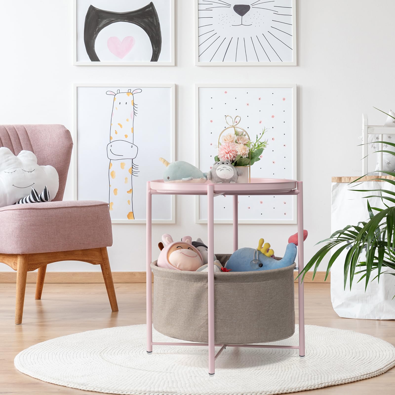 Round Side Table with Fabric Storage Basket - Small Metal Bedside Nightstand with Removable Tray Top - Perfect for Living Room, Bedroom, Nursery & Laundry - Light Pink Home Decor Accent Table