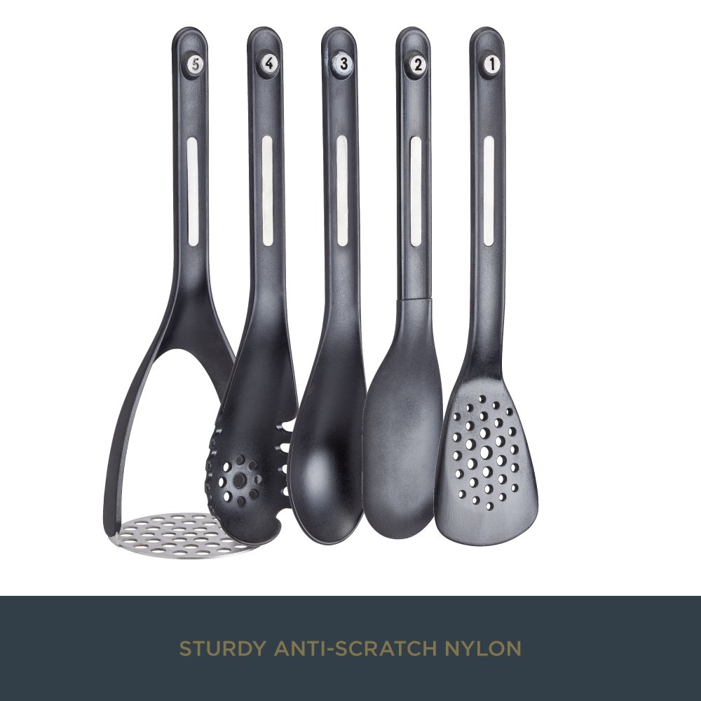 KitchenCraft Magnetic Silicone Utensil Set - 5-Piece Space Saving Nesting Kitchen Tools (Black, 9x9x30cm) for Cooking, Baking & Small Kitchen Organization