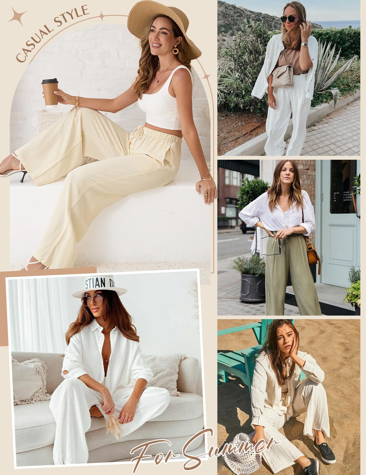 Women's Linen Pants - Casual Wide Leg Palazzo Pants for Summer, Loose Flowy Beach Trousers with Drawstring Elastic Waist | Perfect for Vacation, Yoga, and Boho Style Outfits