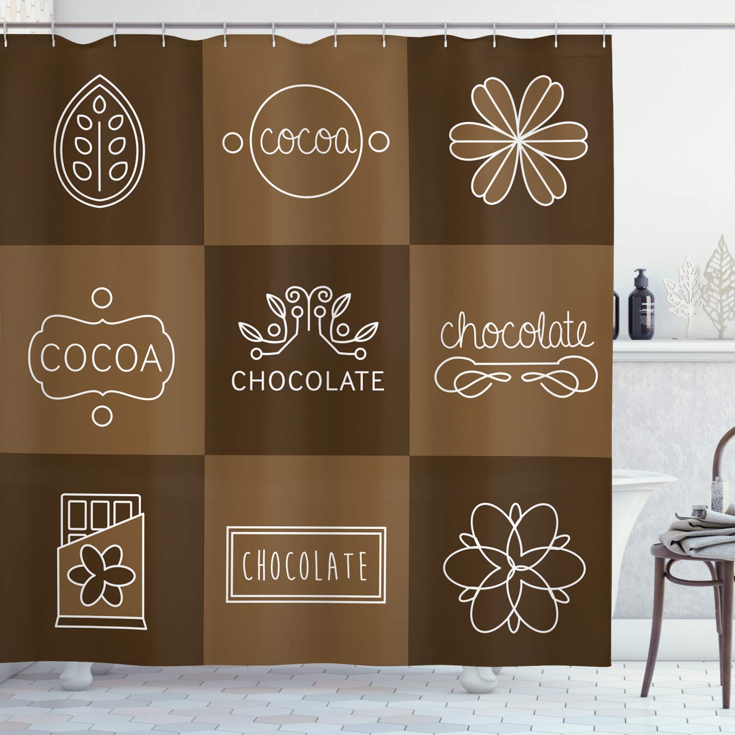 Ambesonne Chocolate Themed Shower Curtain - Brown Cocoa & Floral Square Design, 69