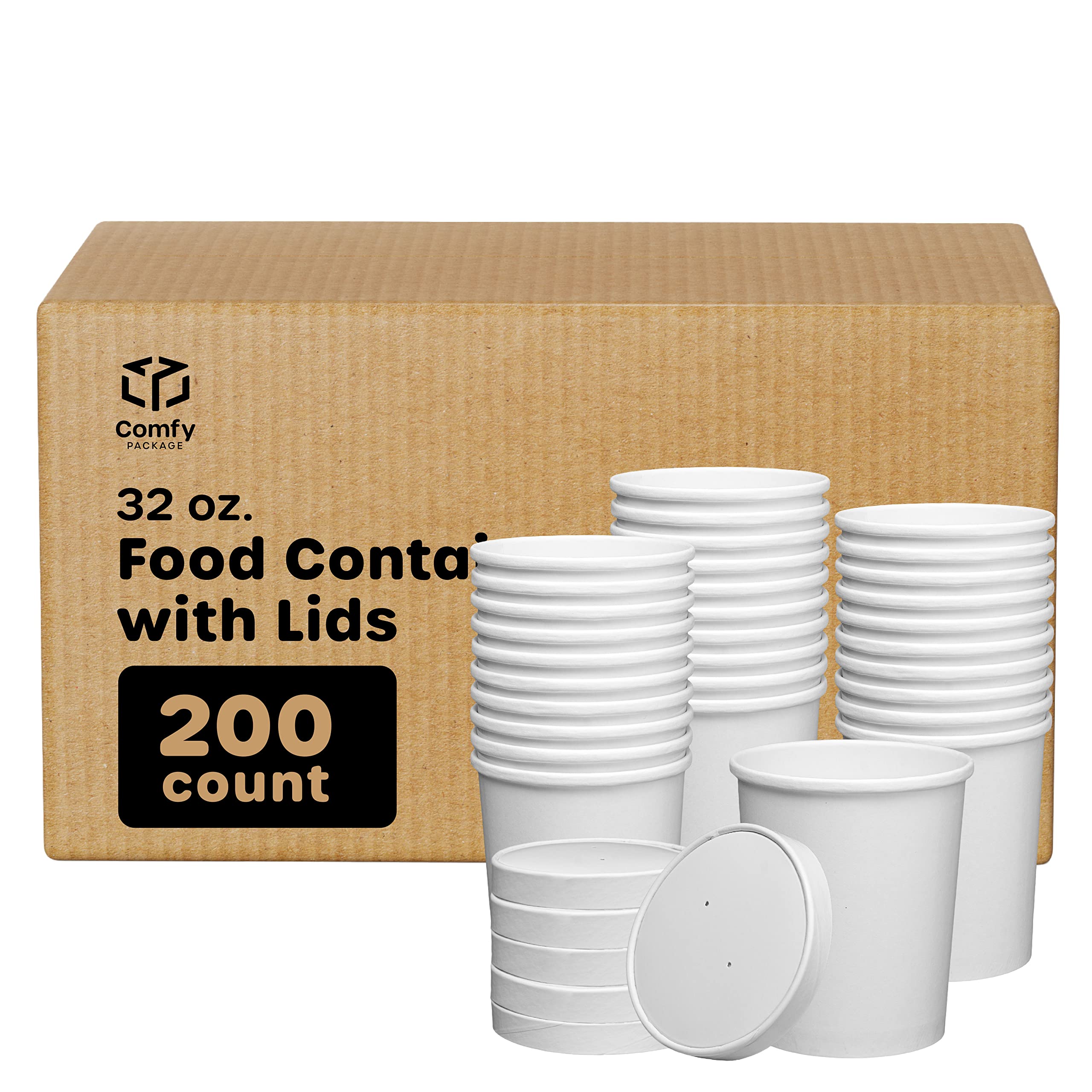 200-Pack 32 oz Disposable White Paper Food Containers with Vented Lids - Hot Soup Bowls, Ice Cream Cups, Takeout Containers for Restaurants, Catering & Food Delivery