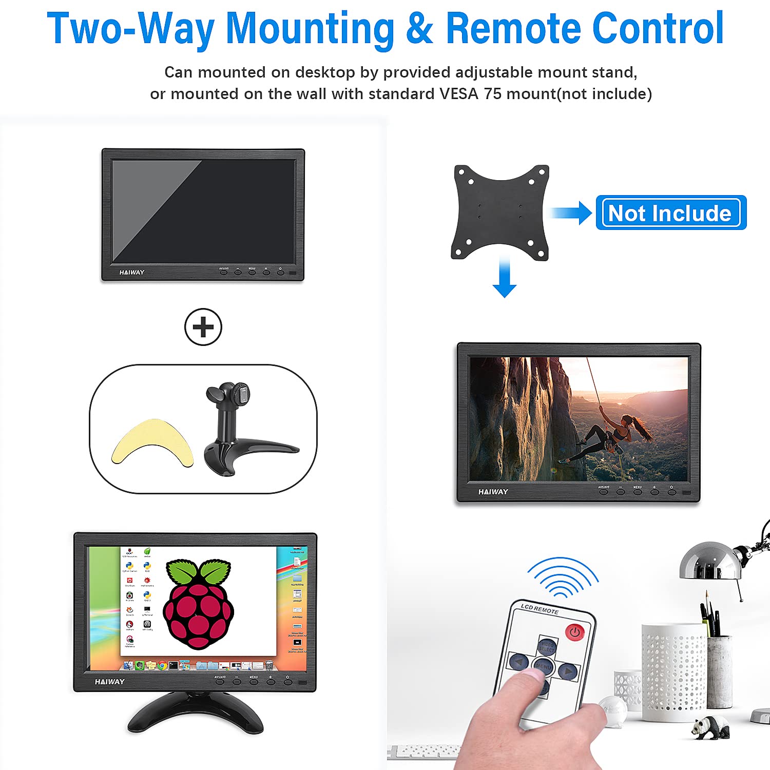 10.1 Inch HD Security Monitor - 1366x768 Resolution Portable HDMI Display with Remote, Dual Speakers, HDMI/VGA/BNC/USB Inputs for Gaming, CCTV, Raspberry Pi & PC - Perfect for Home Surveillance & Multi-Screen Setups