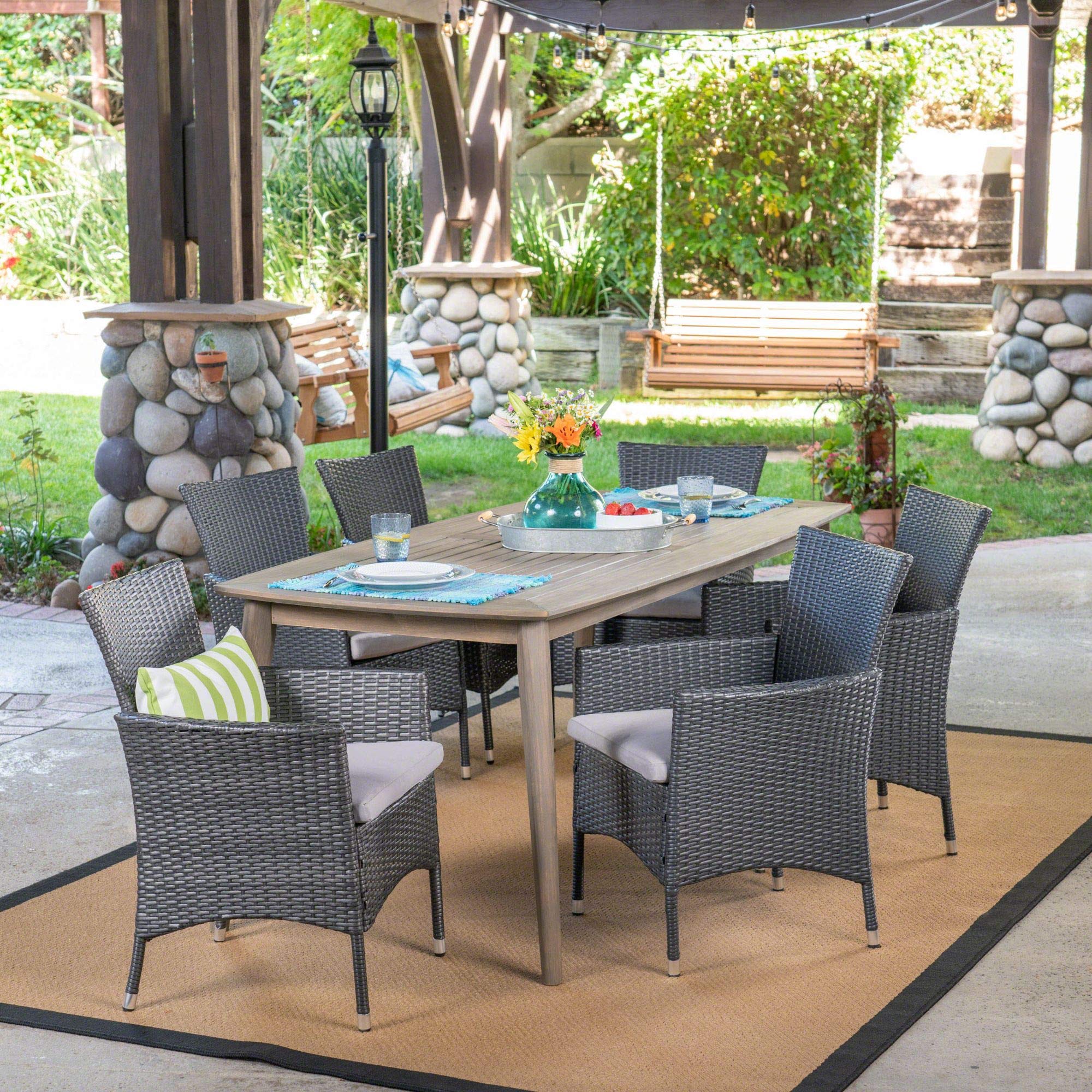 7-Piece Gray Wood & Wicker Outdoor Patio Dining Set with Silver Cushions - Modern Contemporary Furniture for Backyard, Garden & Poolside Entertaining