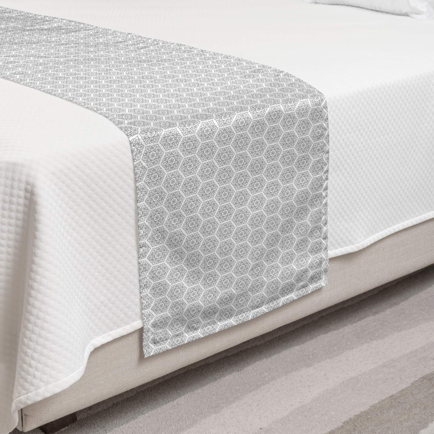 Ambesonne Floral Bed Runner - Elegant Greyscale Ornamental Design for Twin Beds | Decorative Bed Scarf for Hotels, Homes & Guestrooms | Perfect for Weddings, Bedroom Decor & Luxury Styling