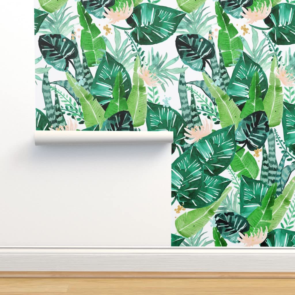Peel & Stick Removable Wallpaper - 9ft x 2ft Tropical Jungle Design with White Banana Leaves | Hawaii Plant Theme | Custom Self-Adhesive Wallpaper by Spoonflower | Perfect for Bedroom, Living Room & Nursery Decor