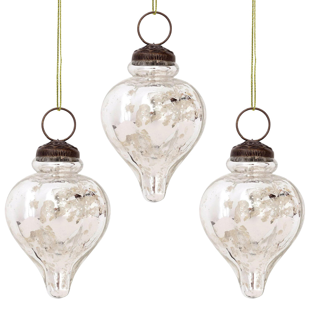 3 Pack Mercury Glass Small Ornaments - 3.25 Inch Silver Christmas Tree Decorations (Carla Design) for Holiday Party, Home Decor & Gift Giving
