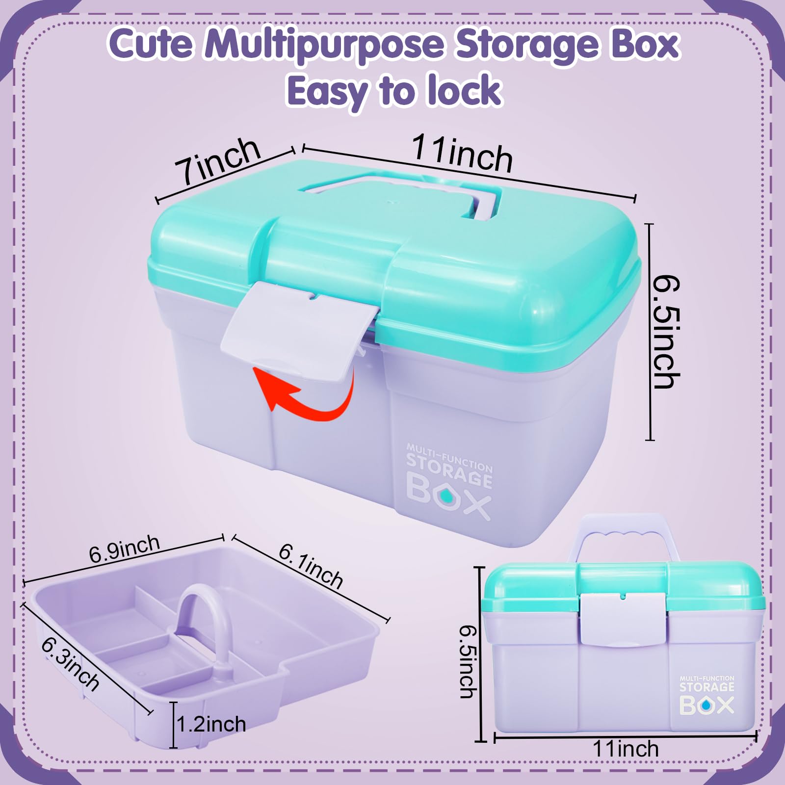 11-Inch Multipurpose Storage Box Organizer with Removable Tray | Portable Clear Plastic Craft Tool Box with Handle | Perfect for Makeup, Sewing, Nail & Hair Accessories | Great for Home, Office & Travel Organization (Purple Blue)