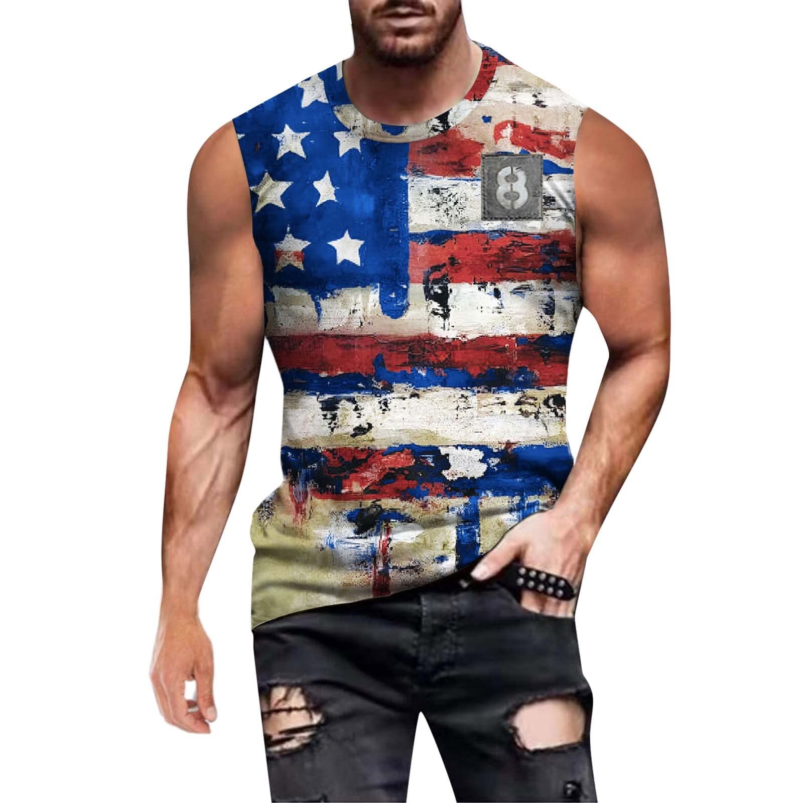 XXBR Men's Patriotic American Flag Print Sleeveless T-Shirt - Vintage Military Soldier Tank Top for Streetwear, Gym & Athletic Workouts - Comfortable Muscle Shirt for Summer, Casual Wear & Patriotic Events