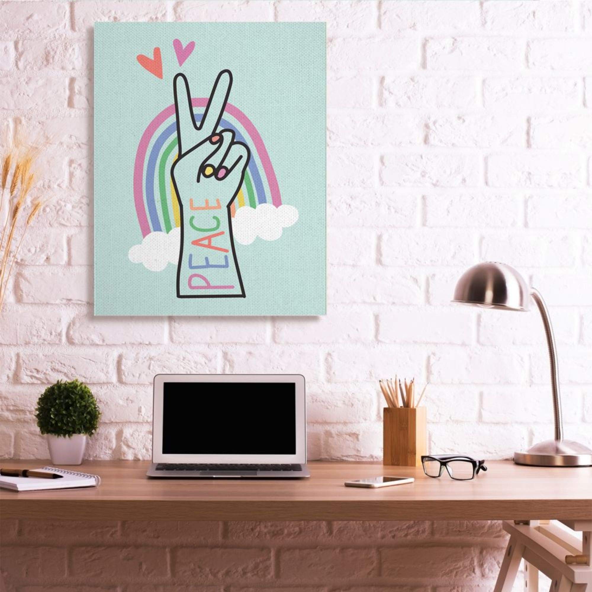 Stupell Industries Peace Love Rainbow Playful Turquoise Hand Sign Canvas Wall Art by Nina Seven, 36